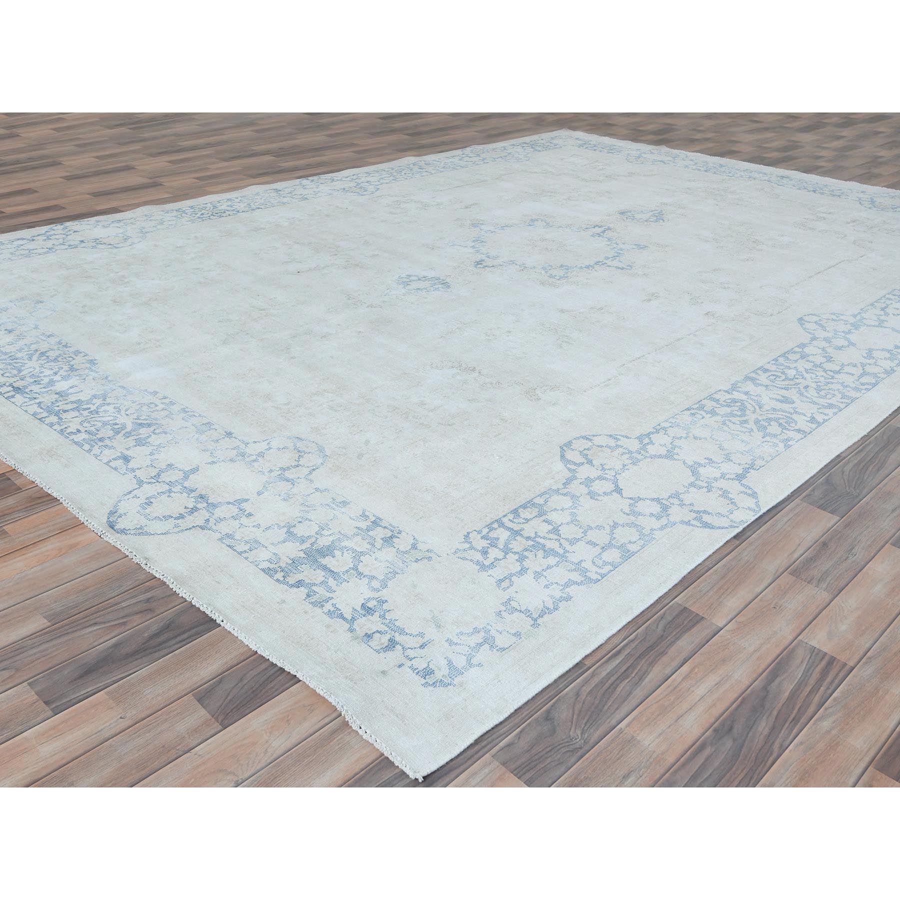 9'7"x13'10" Light Blue Worn Wool, Cropped Thin, Hand Knotted Distressed Look Shabby Chic Semi Antique Persian Kerman Oriental Rug Sh81617
