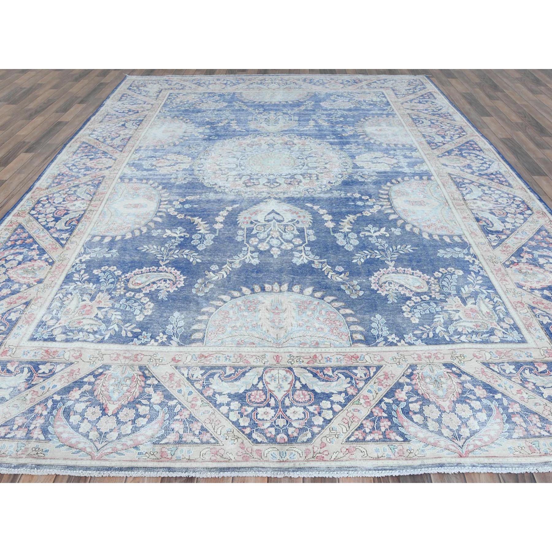 9'1"x13" Navy Blue Semi Antique Persian Kerman Hand Knotted Sheared Low, Worn Wool, Shabby Chic Distressed Look Oriental Rug Sh81622