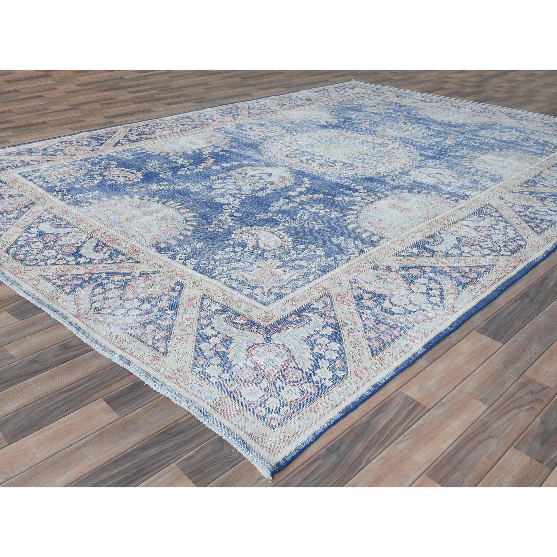 9'1"x13" Navy Blue Semi Antique Persian Kerman Hand Knotted Sheared Low, Worn Wool, Shabby Chic Distressed Look Oriental Rug Sh81622