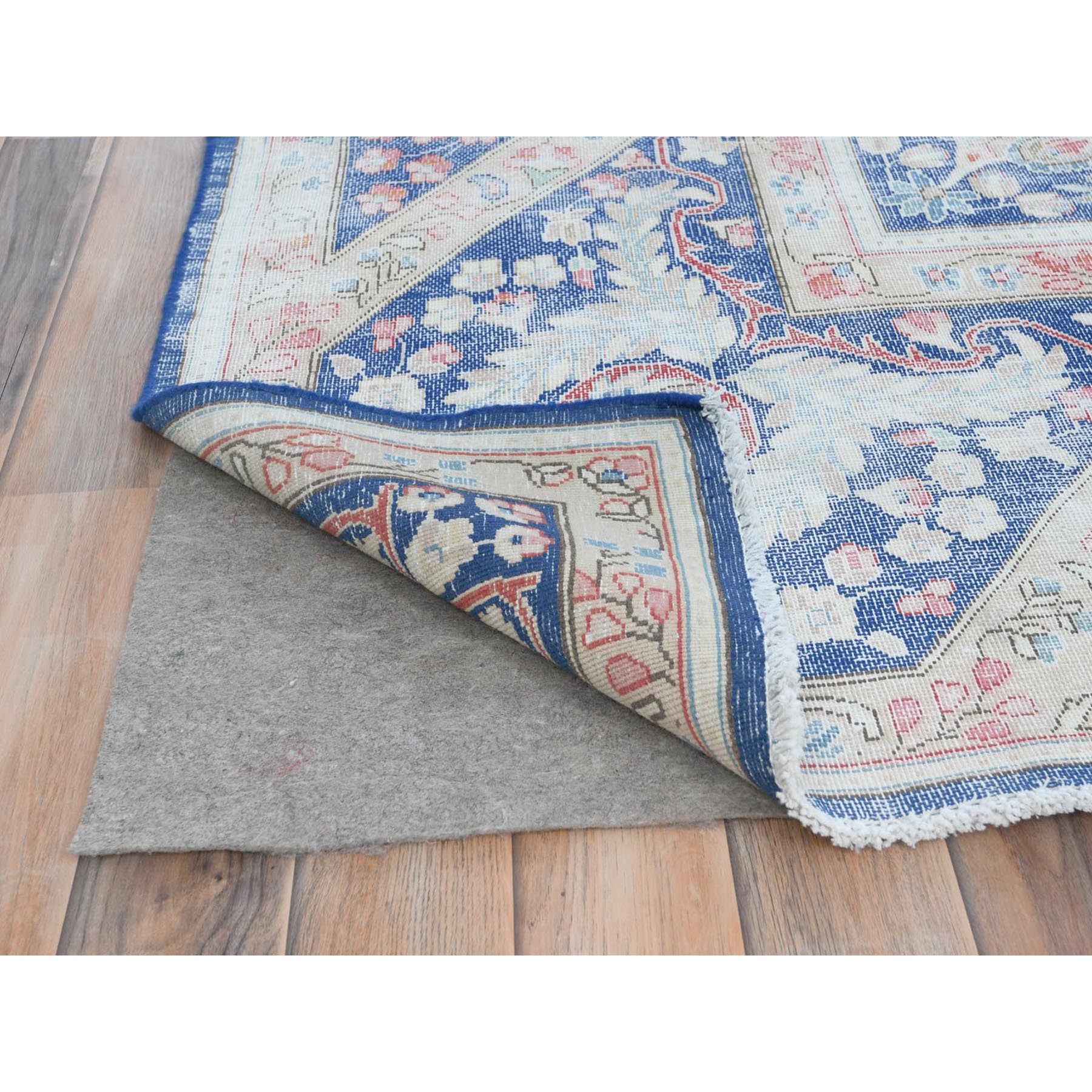 9'1"x13" Navy Blue Semi Antique Persian Kerman Hand Knotted Sheared Low, Worn Wool, Shabby Chic Distressed Look Oriental Rug Sh81622