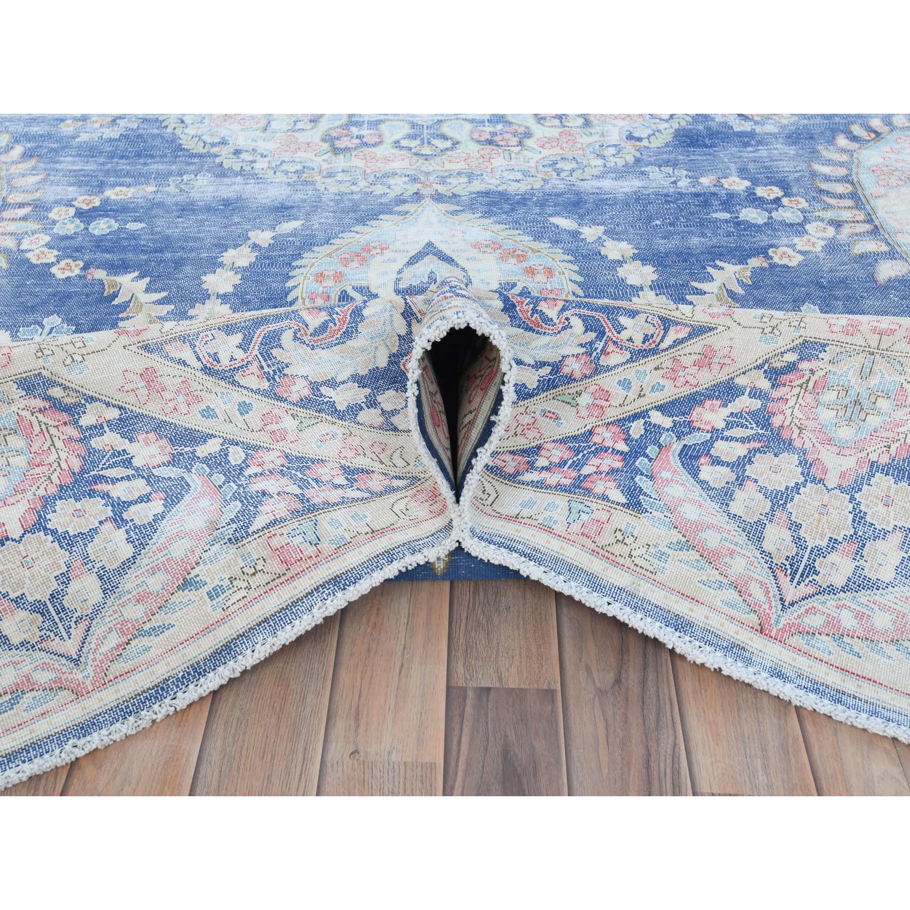 9'1"x13" Navy Blue Semi Antique Persian Kerman Hand Knotted Sheared Low, Worn Wool, Shabby Chic Distressed Look Oriental Rug Sh81622