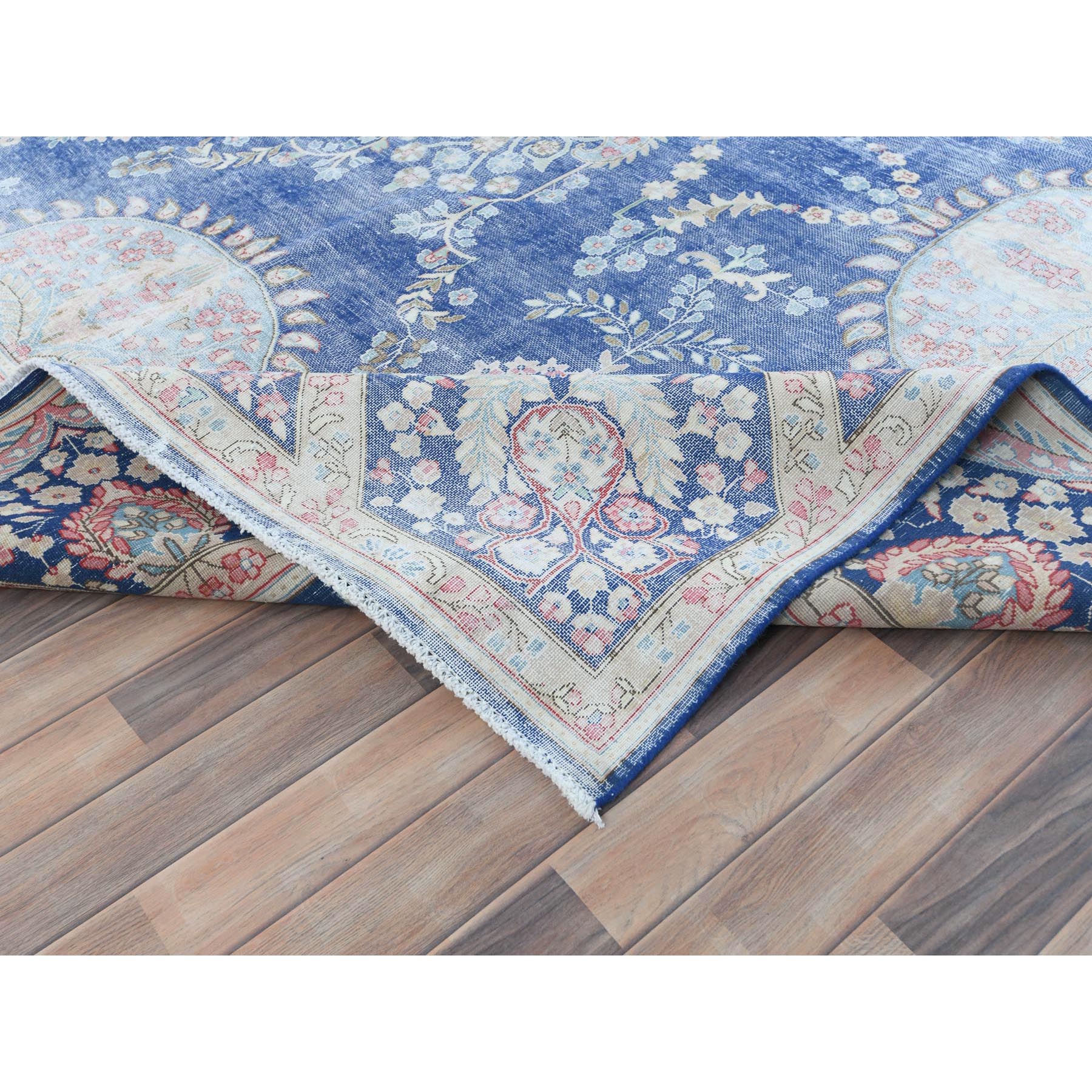 9'1"x13" Navy Blue Semi Antique Persian Kerman Hand Knotted Sheared Low, Worn Wool, Shabby Chic Distressed Look Oriental Rug Sh81622