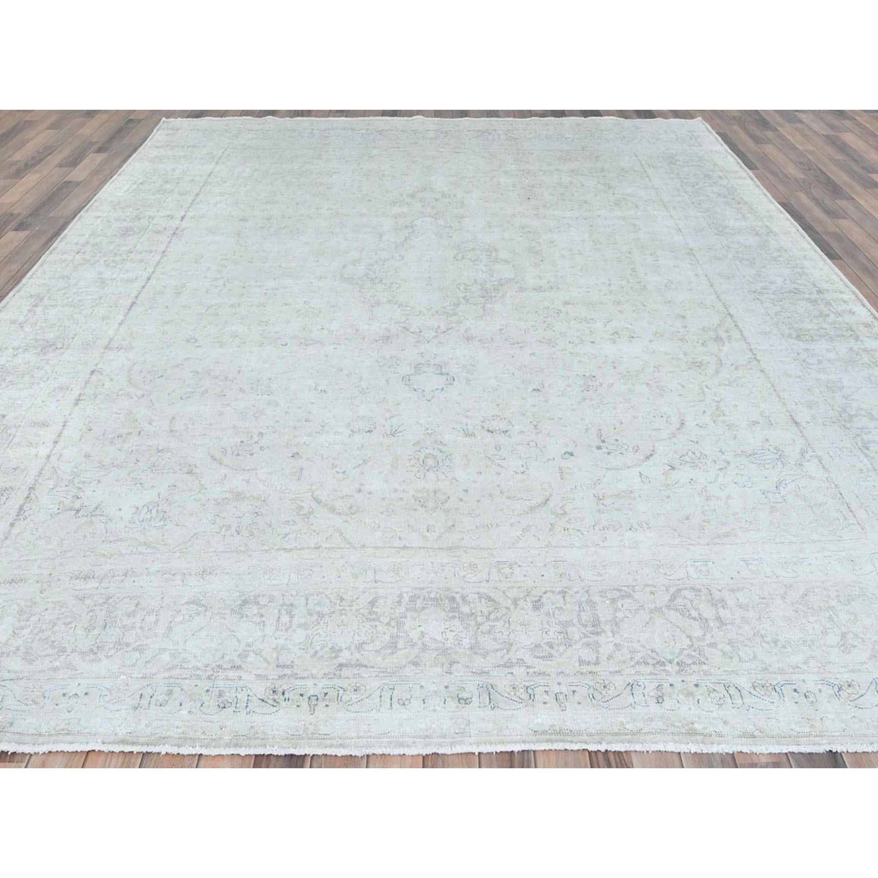 9'7"x12'6" Ivory Vintage Persian Kerman Hand Knotted Cropped Thin, Worn Wool Distressed Look Shabby Chic Oriental Rug Sh81624