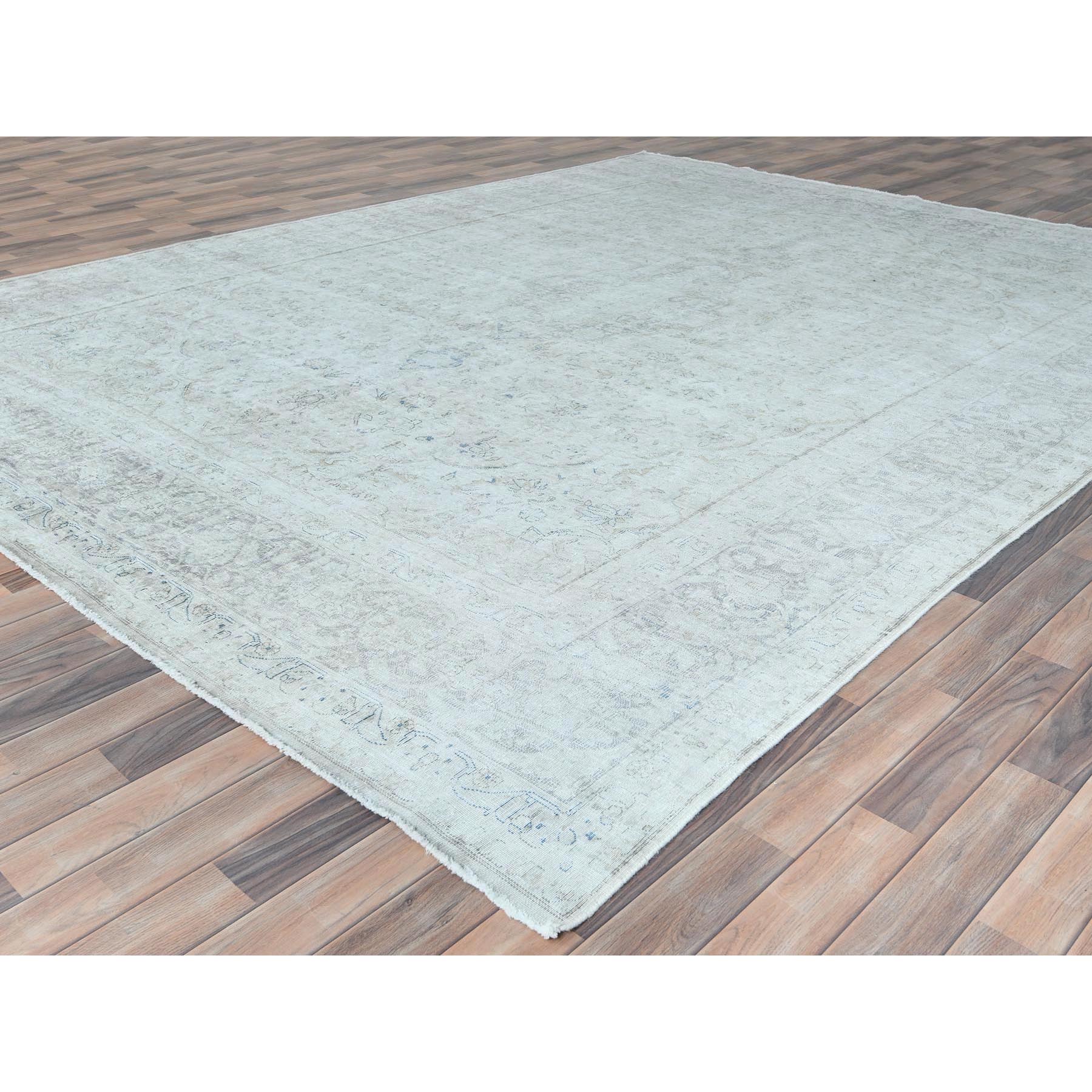 9'7"x12'6" Ivory Vintage Persian Kerman Hand Knotted Cropped Thin, Worn Wool Distressed Look Shabby Chic Oriental Rug Sh81624