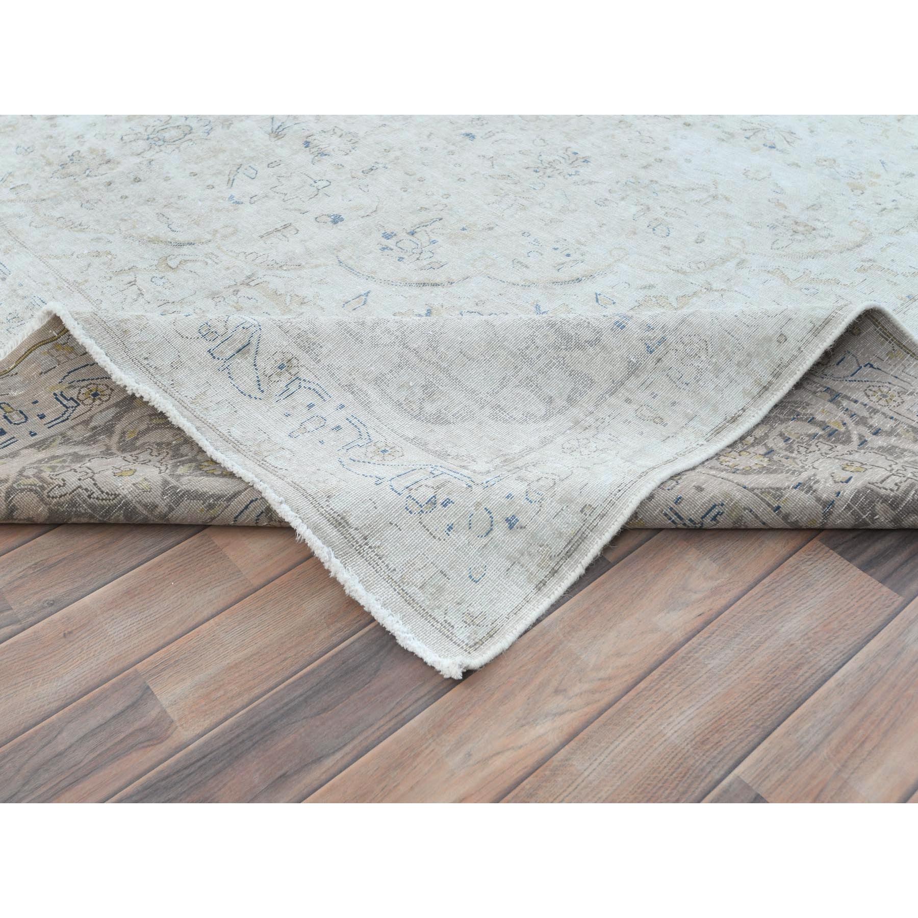 9'7"x12'6" Ivory Vintage Persian Kerman Hand Knotted Cropped Thin, Worn Wool Distressed Look Shabby Chic Oriental Rug Sh81624