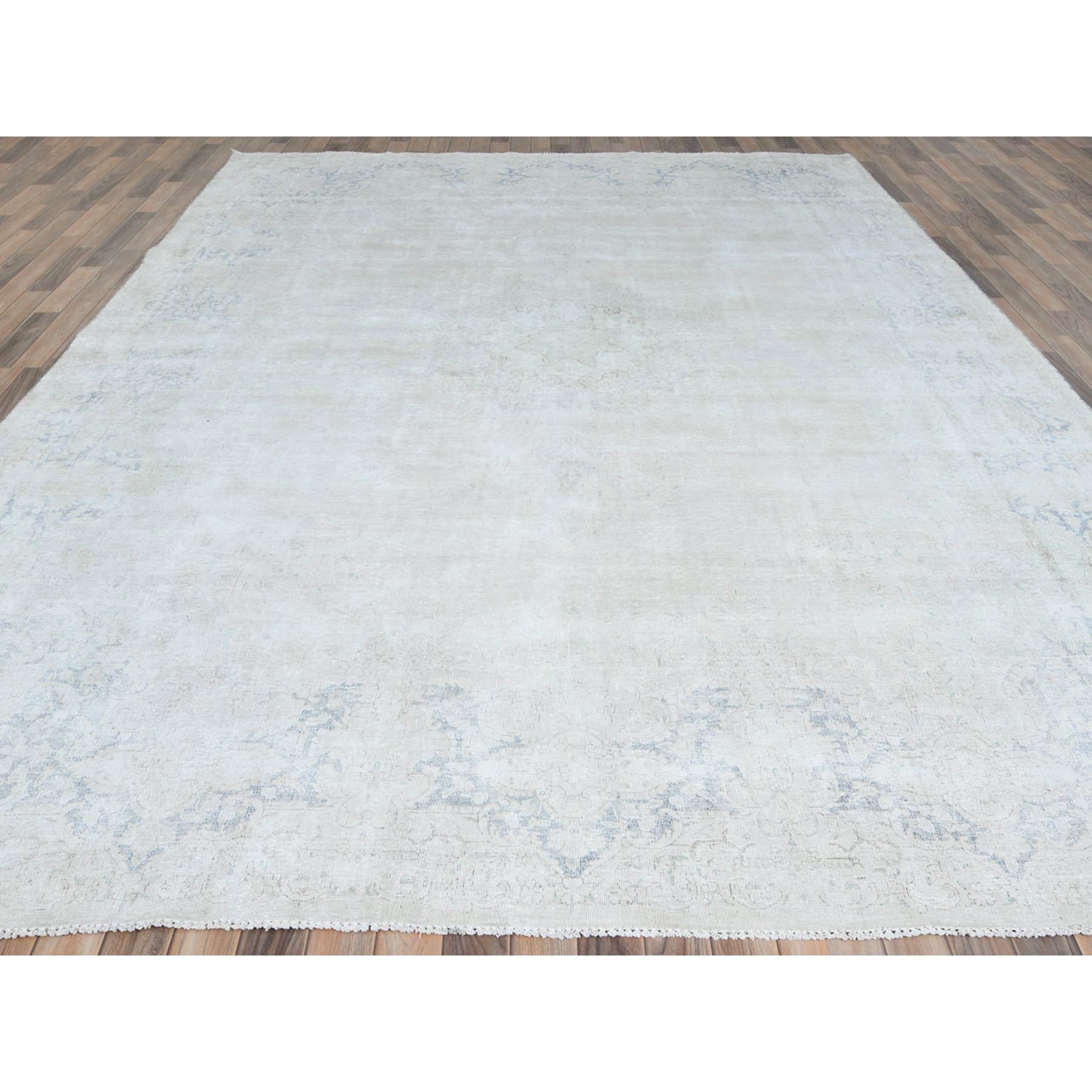 9'7"x12'10" Ivory Hand Knotted, Sheared Low, Vintage Persian Kerman, Worn Wool, Shabby Chic, Distressed Look, Oriental Rug Sh81625