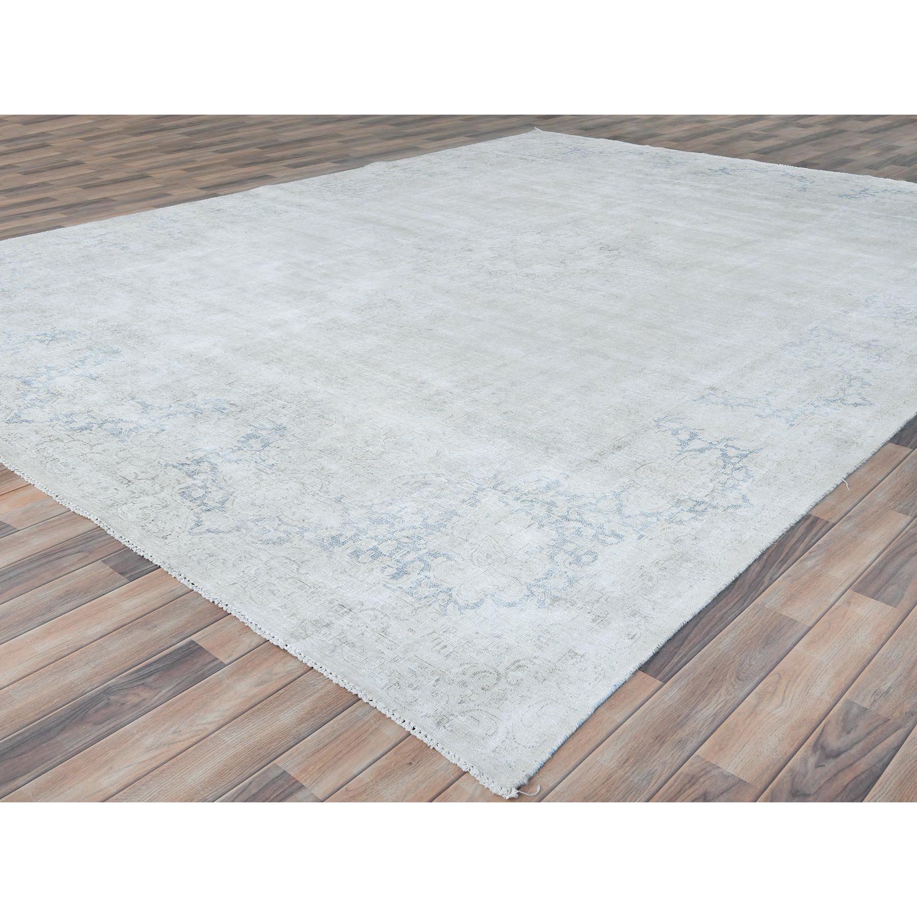 9'7"x12'10" Ivory Hand Knotted, Sheared Low, Vintage Persian Kerman, Worn Wool, Shabby Chic, Distressed Look, Oriental Rug Sh81625