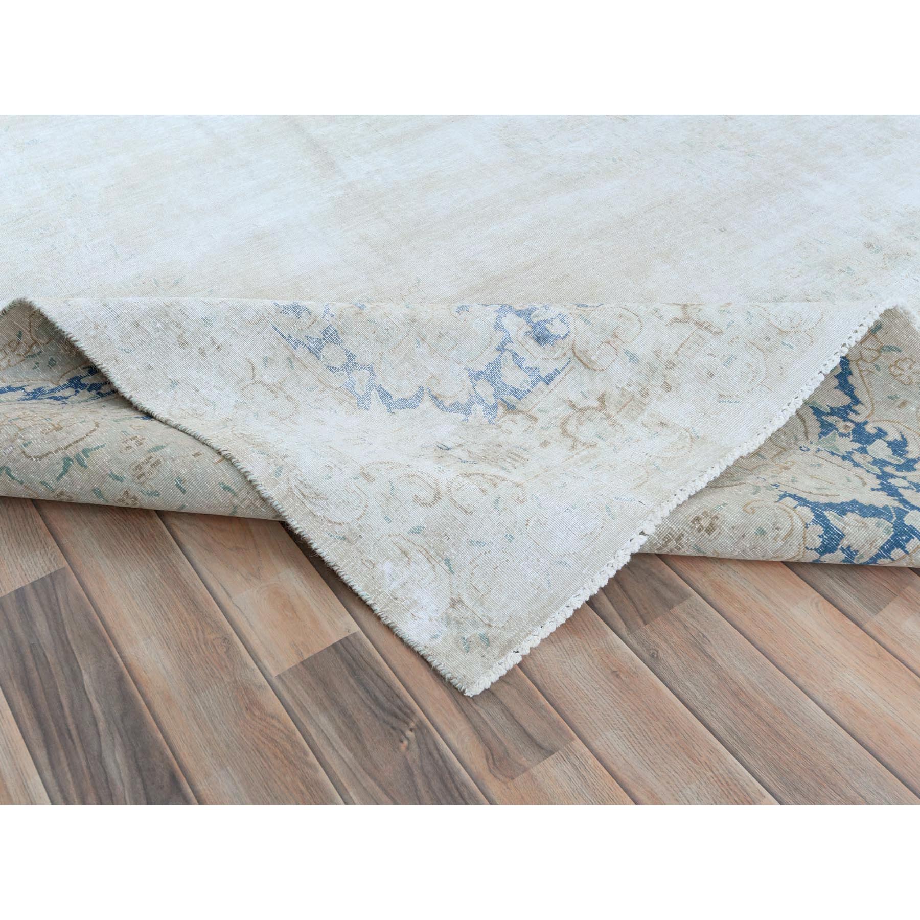 9'7"x12'10" Ivory Hand Knotted, Sheared Low, Vintage Persian Kerman, Worn Wool, Shabby Chic, Distressed Look, Oriental Rug Sh81625