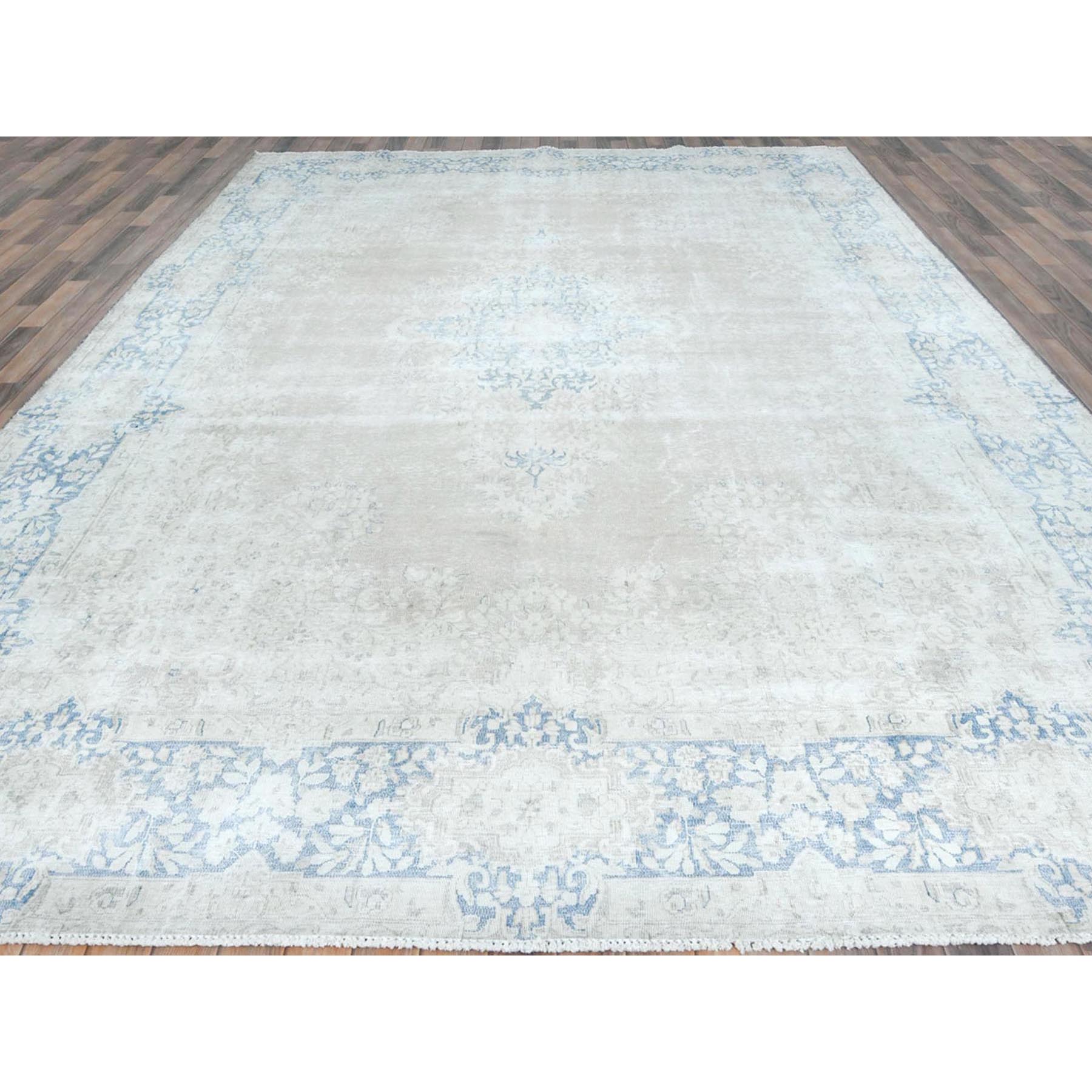 9'7"x13'2" Beige Vintage Persian Kerman Shabby Chic, Sheared Low, Worn Wool Distressed Look Hand Knotted Oriental Rug Sh81628