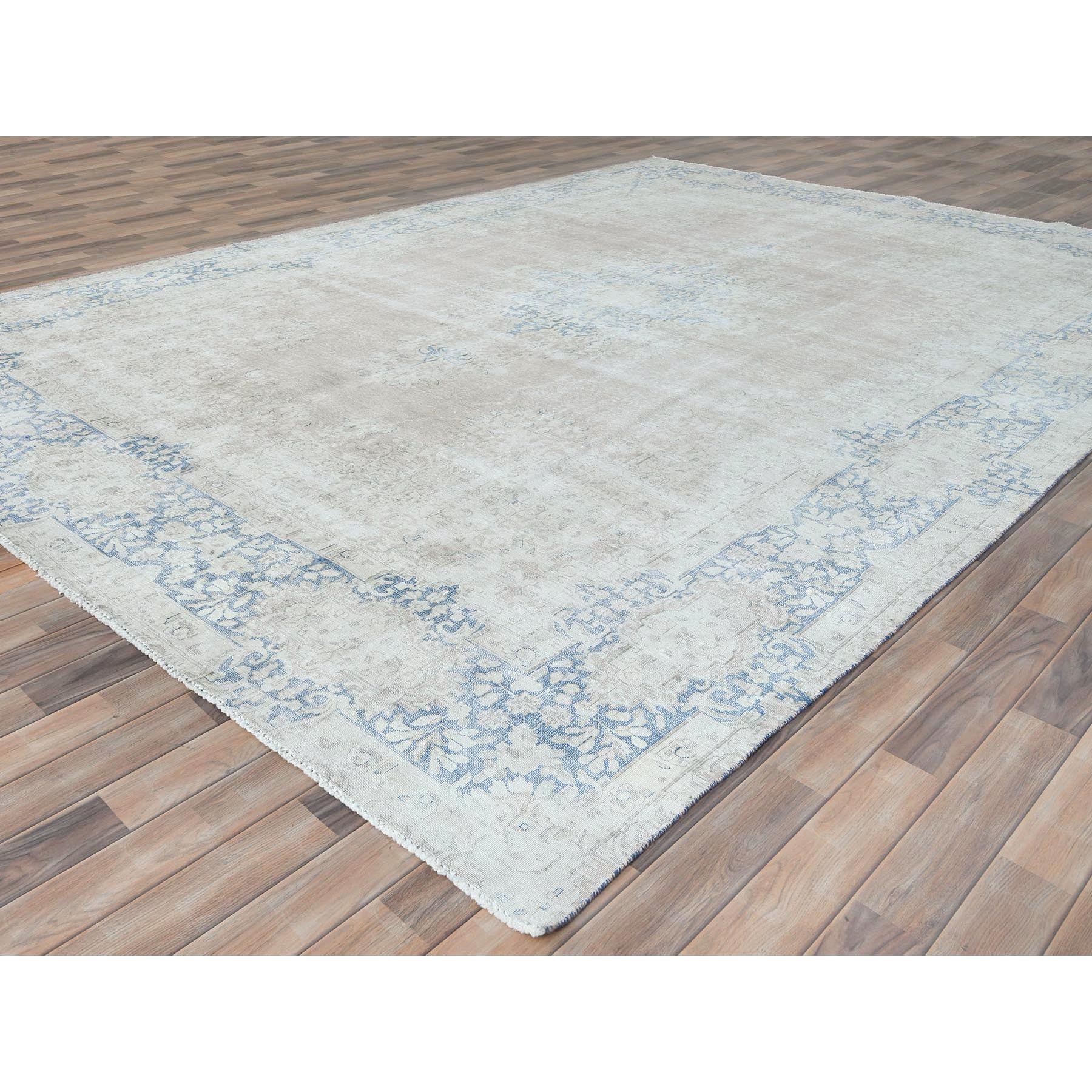 9'7"x13'2" Beige Vintage Persian Kerman Shabby Chic, Sheared Low, Worn Wool Distressed Look Hand Knotted Oriental Rug Sh81628