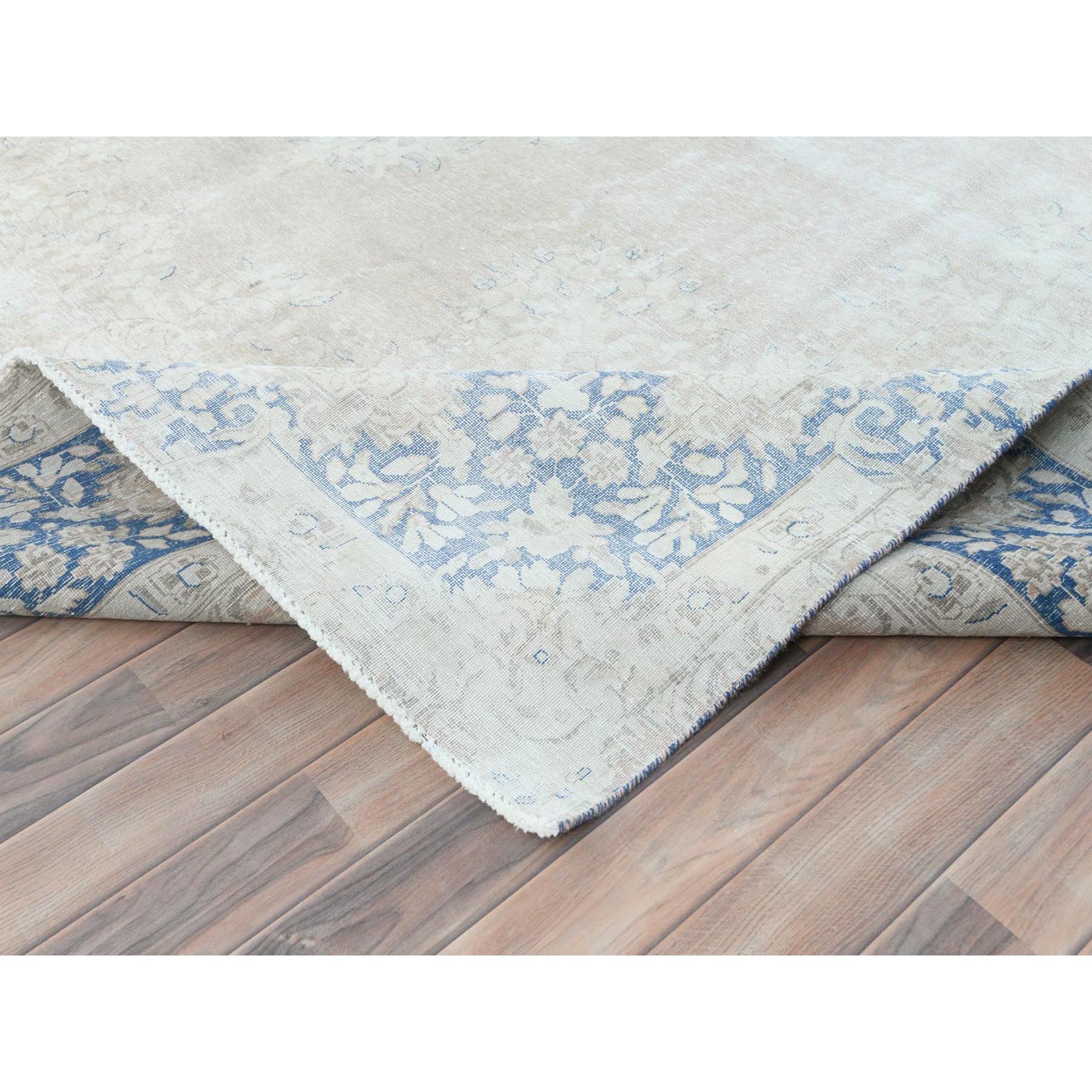 9'7"x13'2" Beige Vintage Persian Kerman Shabby Chic, Sheared Low, Worn Wool Distressed Look Hand Knotted Oriental Rug Sh81628
