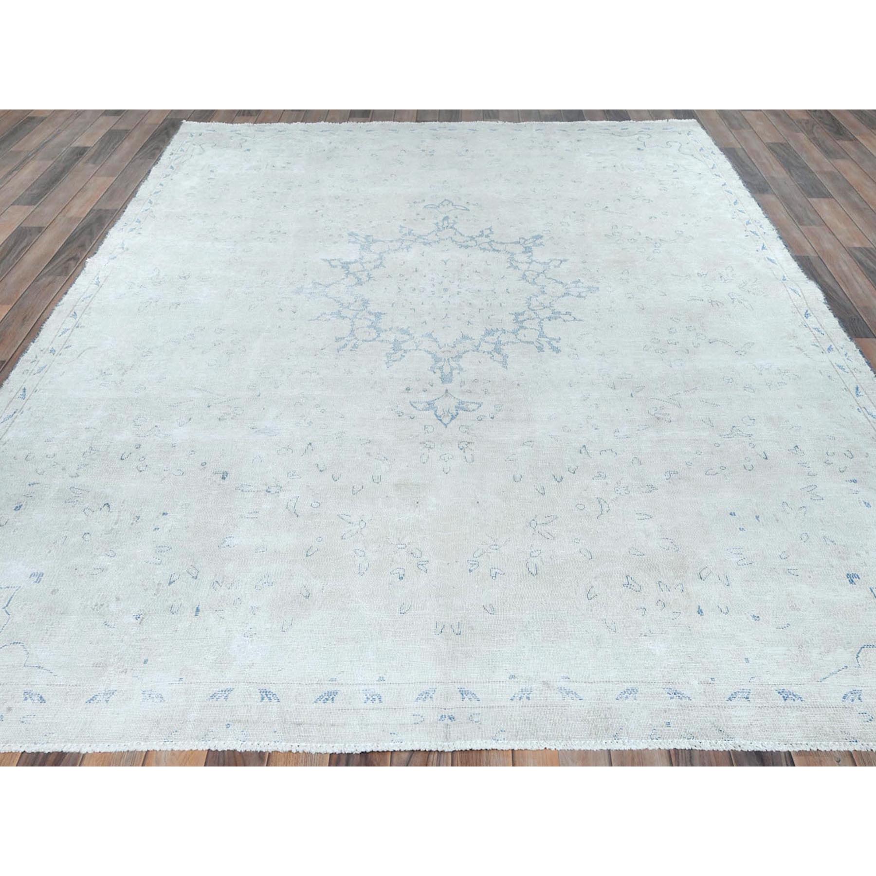 7'2"x10' Light Blue Old Persian Kerman Hand Knotted Cropped Thin, Worn Wool, Shabby Chic Distressed Look Oriental Rug Sh81632