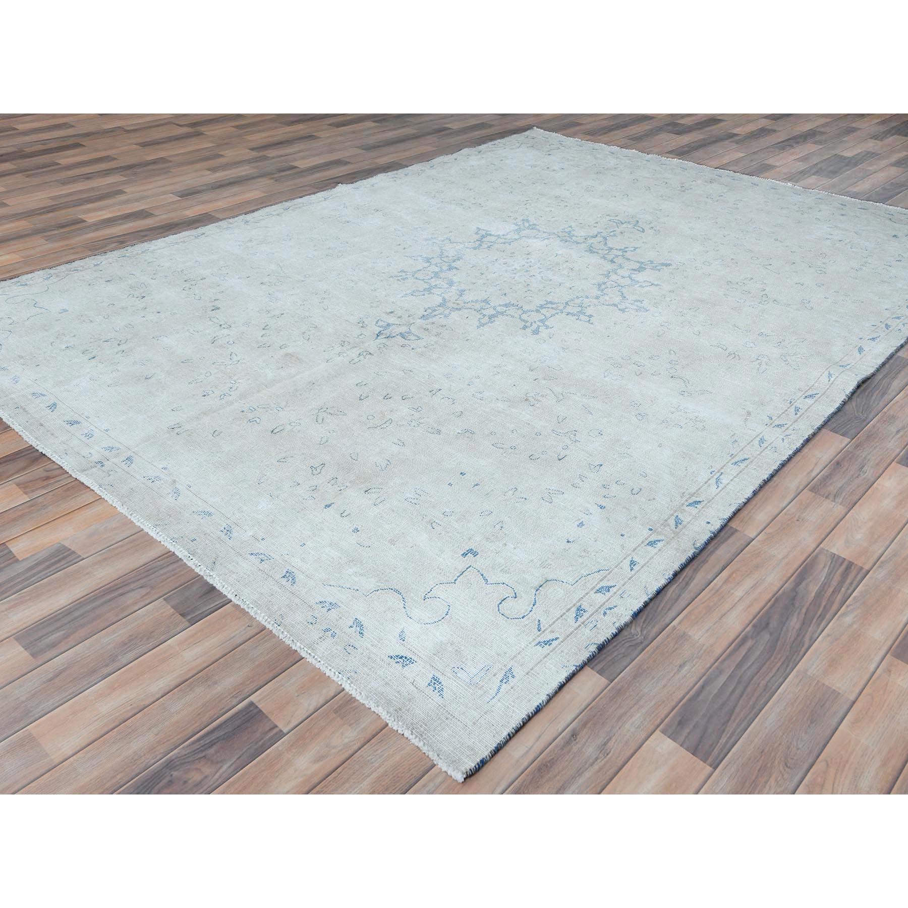 7'2"x10' Light Blue Old Persian Kerman Hand Knotted Cropped Thin, Worn Wool, Shabby Chic Distressed Look Oriental Rug Sh81632