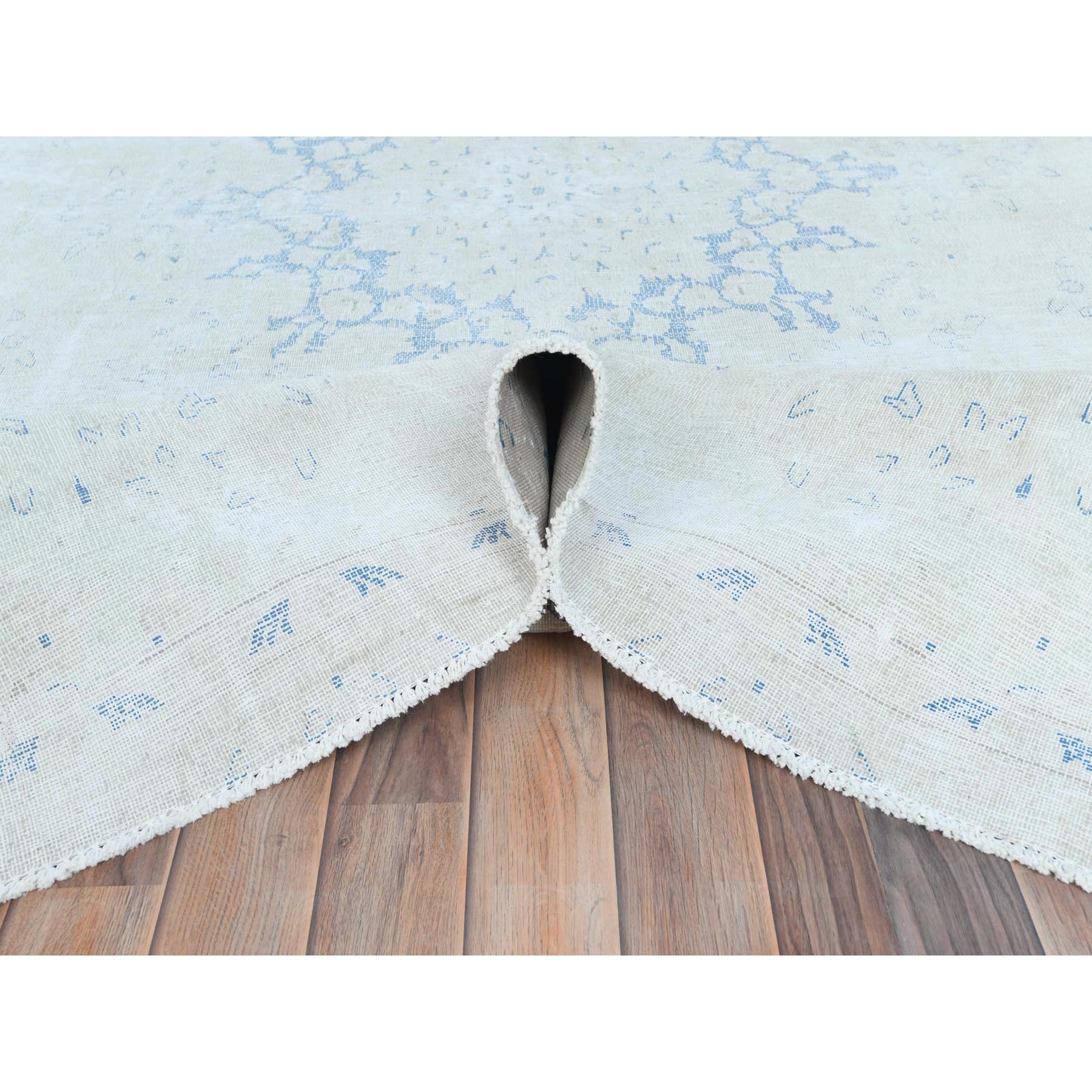 7'2"x10' Light Blue Old Persian Kerman Hand Knotted Cropped Thin, Worn Wool, Shabby Chic Distressed Look Oriental Rug Sh81632
