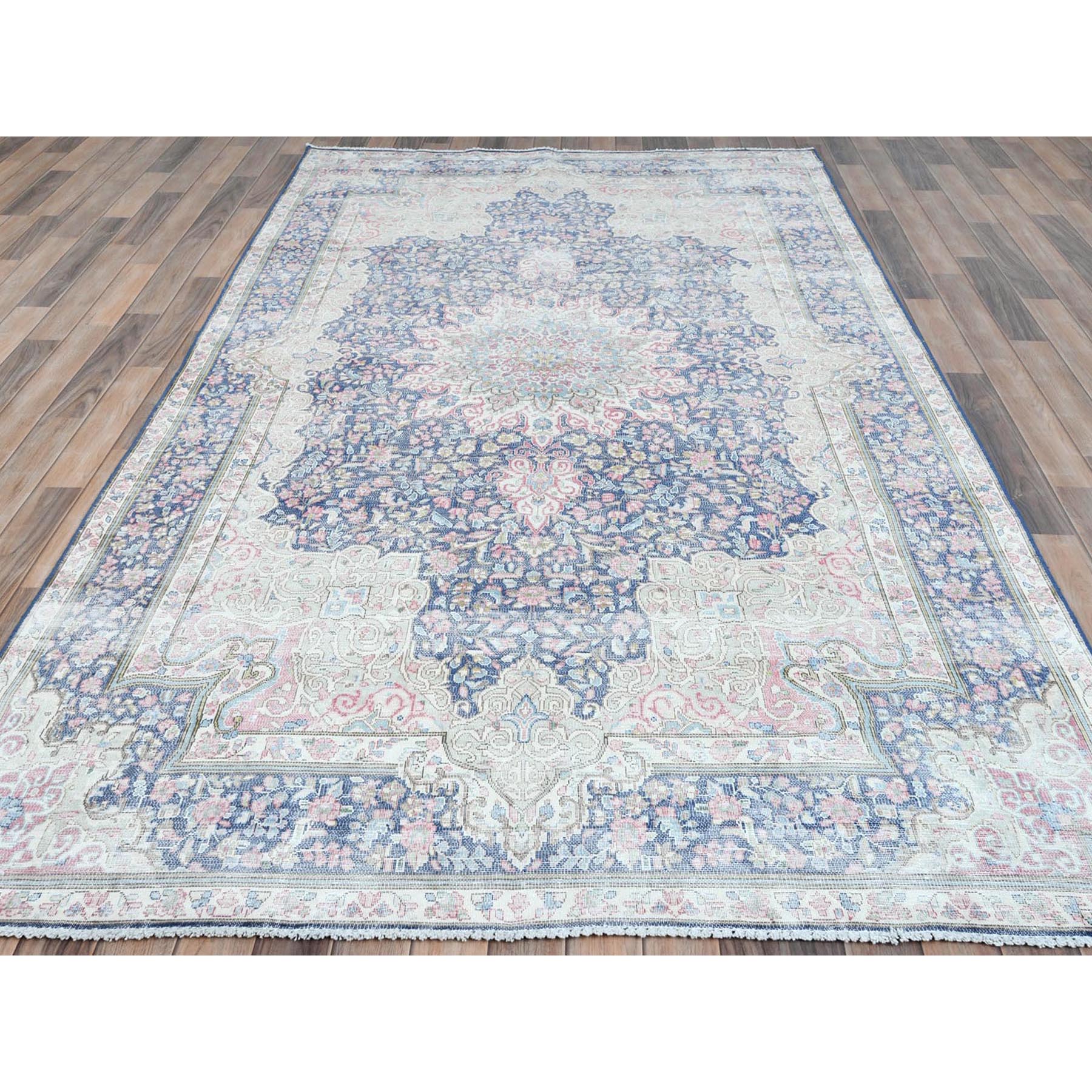 5'9"x9'7" Navy Blue Vintage Persian Kerman Worn Wool, Sheared Low, Distressed Look, Shabby Chic Hand Knotted Oriental Rug Sh81634