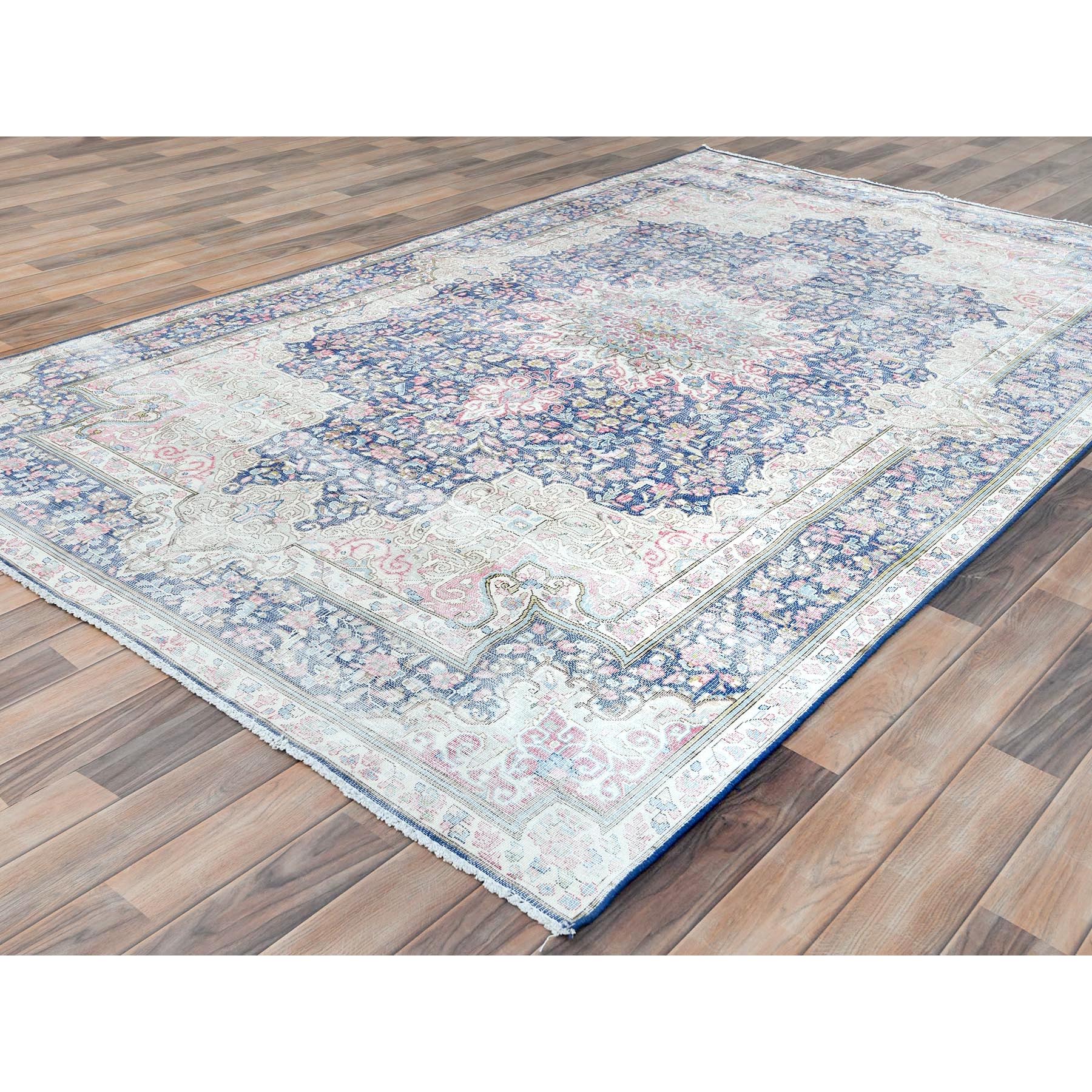 5'9"x9'7" Navy Blue Vintage Persian Kerman Worn Wool, Sheared Low, Distressed Look, Shabby Chic Hand Knotted Oriental Rug Sh81634
