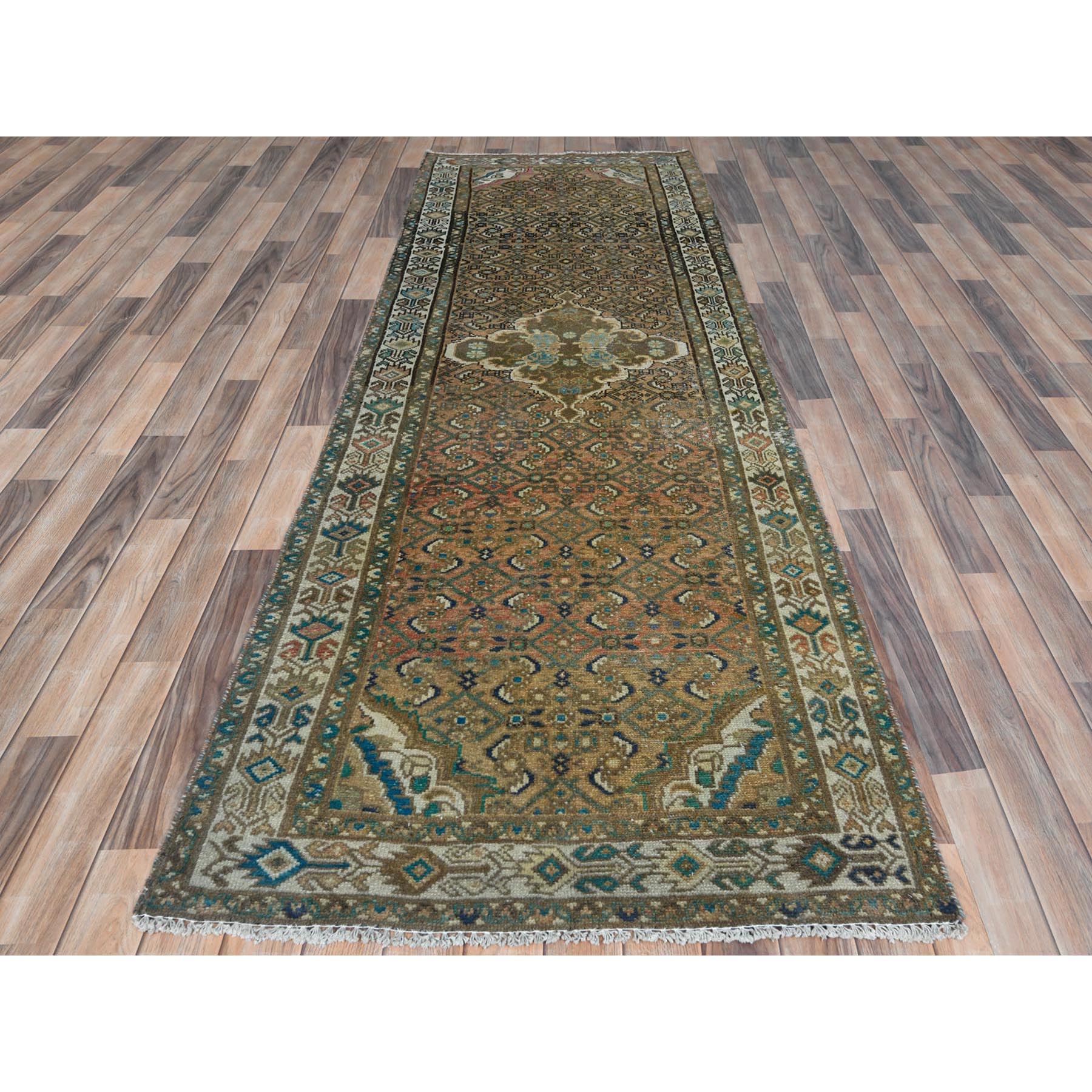 3'3"x9'2" Mocha Brown, Vintage Persian Hamadan with Fish Mahi Design, Abrash, Distressed, Cropped Thin, Hand Knotted Pure Wool Wide Runner Oriental Rug Sh81638
