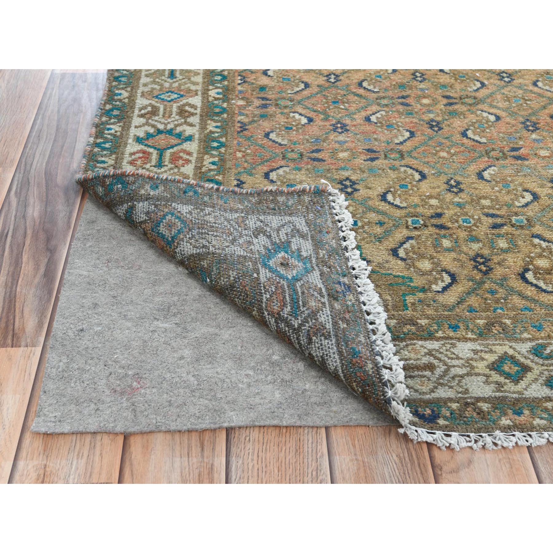 3'3"x9'2" Mocha Brown, Vintage Persian Hamadan with Fish Mahi Design, Abrash, Distressed, Cropped Thin, Hand Knotted Pure Wool Wide Runner Oriental Rug Sh81638