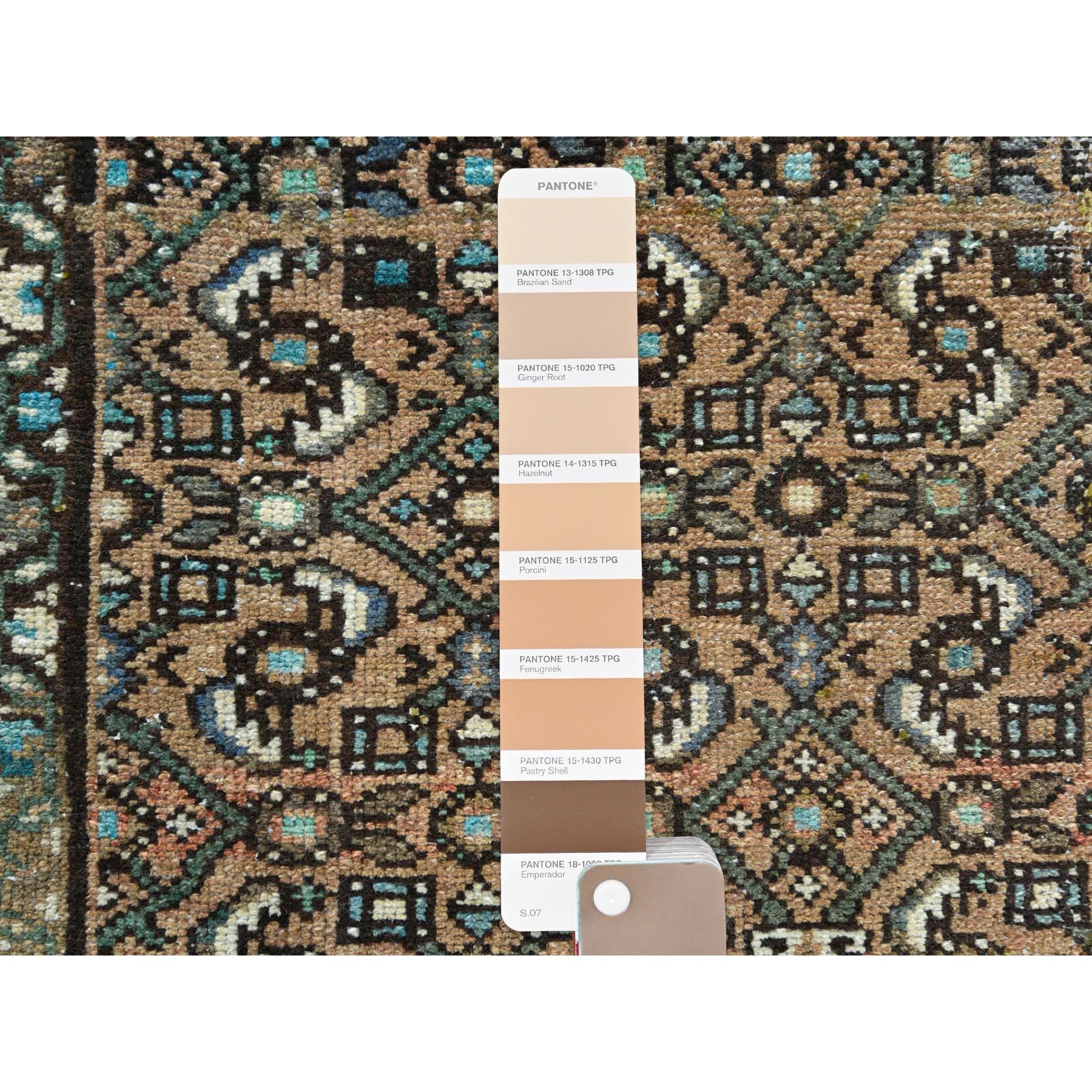 3'3"x9'2" Mocha Brown, Vintage Persian Hamadan with Fish Mahi Design, Abrash, Distressed, Cropped Thin, Hand Knotted Pure Wool Wide Runner Oriental Rug Sh81638