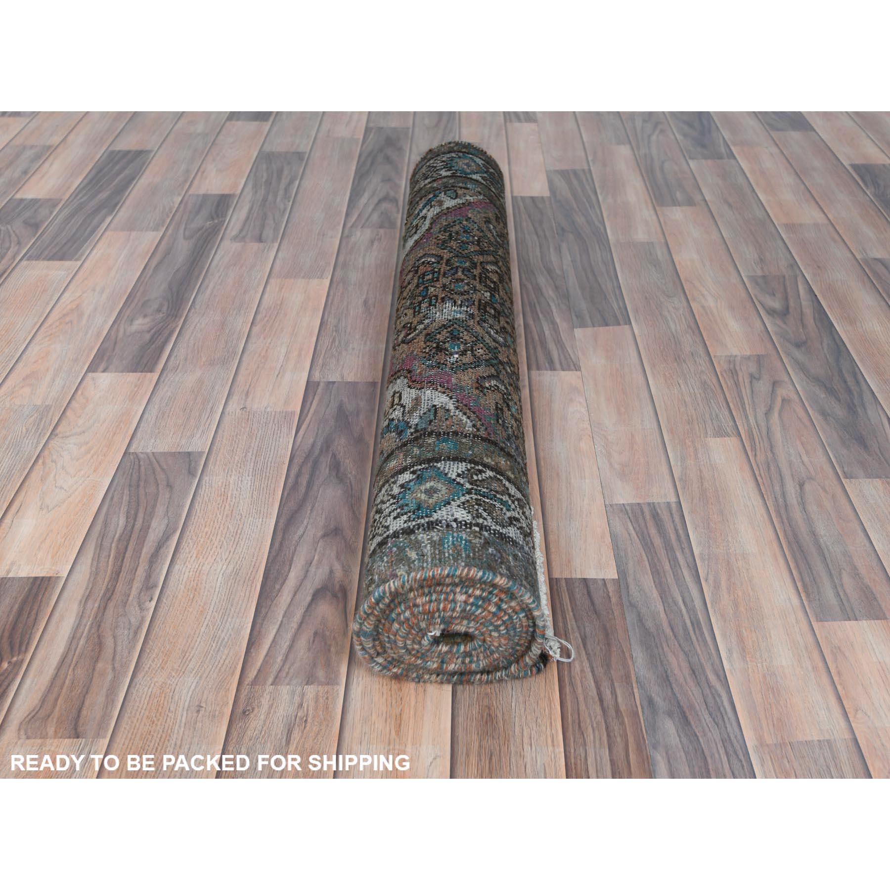 3'3"x9'2" Mocha Brown, Vintage Persian Hamadan with Fish Mahi Design, Abrash, Distressed, Cropped Thin, Hand Knotted Pure Wool Wide Runner Oriental Rug Sh81638