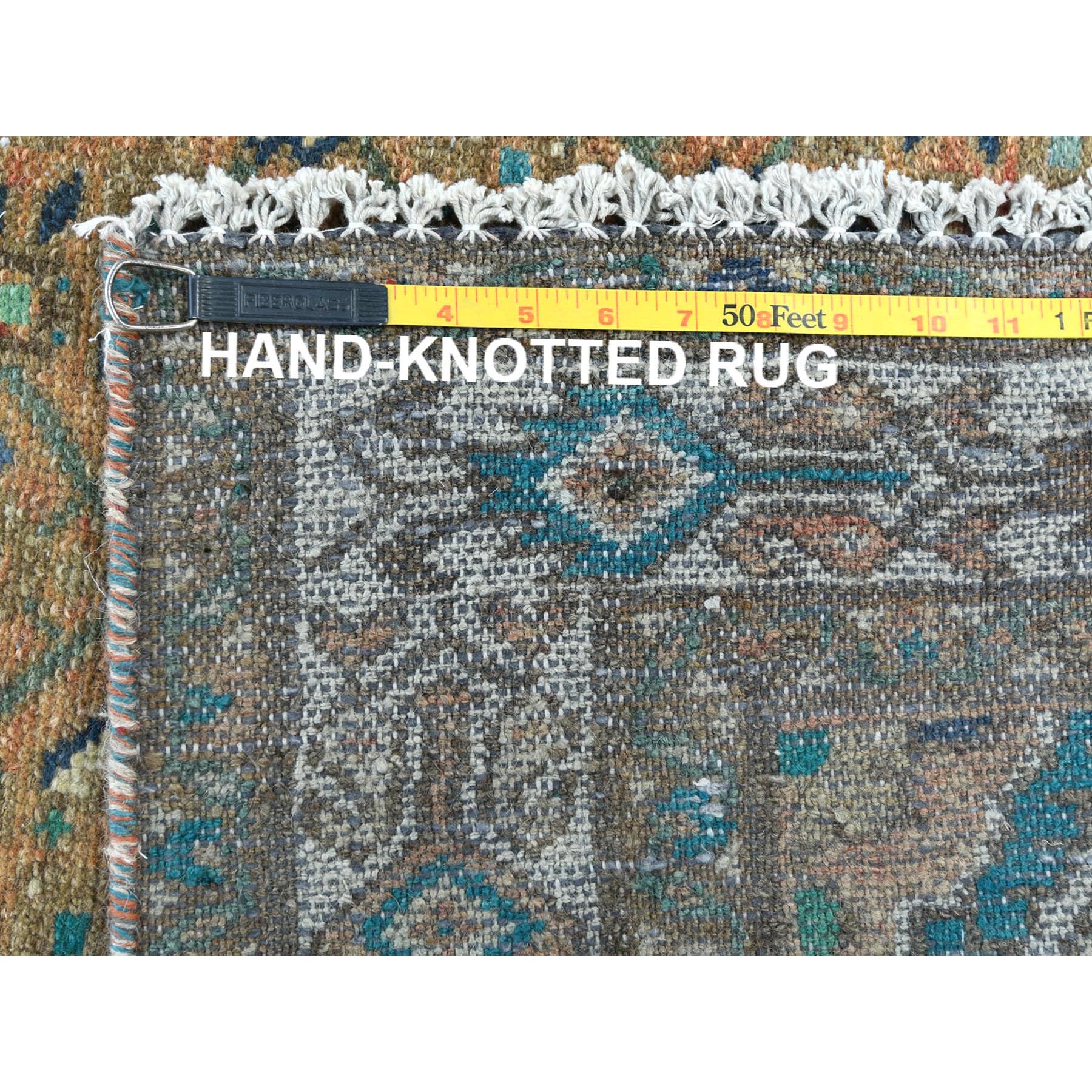 3'3"x9'2" Mocha Brown, Vintage Persian Hamadan with Fish Mahi Design, Abrash, Distressed, Cropped Thin, Hand Knotted Pure Wool Wide Runner Oriental Rug Sh81638