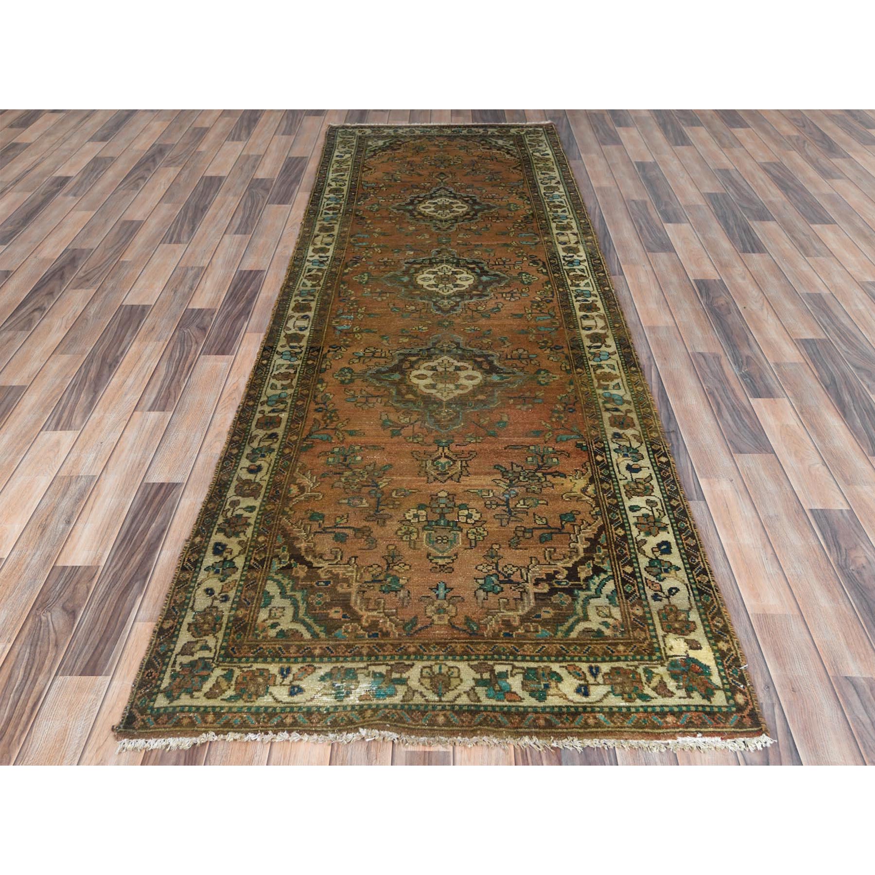 3'3"x9'8" Honey Brown with Touches of Green, Vintage Persian Hamadan, Hand Knotted, Pure Wool, Distressed Look, Worn Down Wide Runner Oriental Rug Sh81649