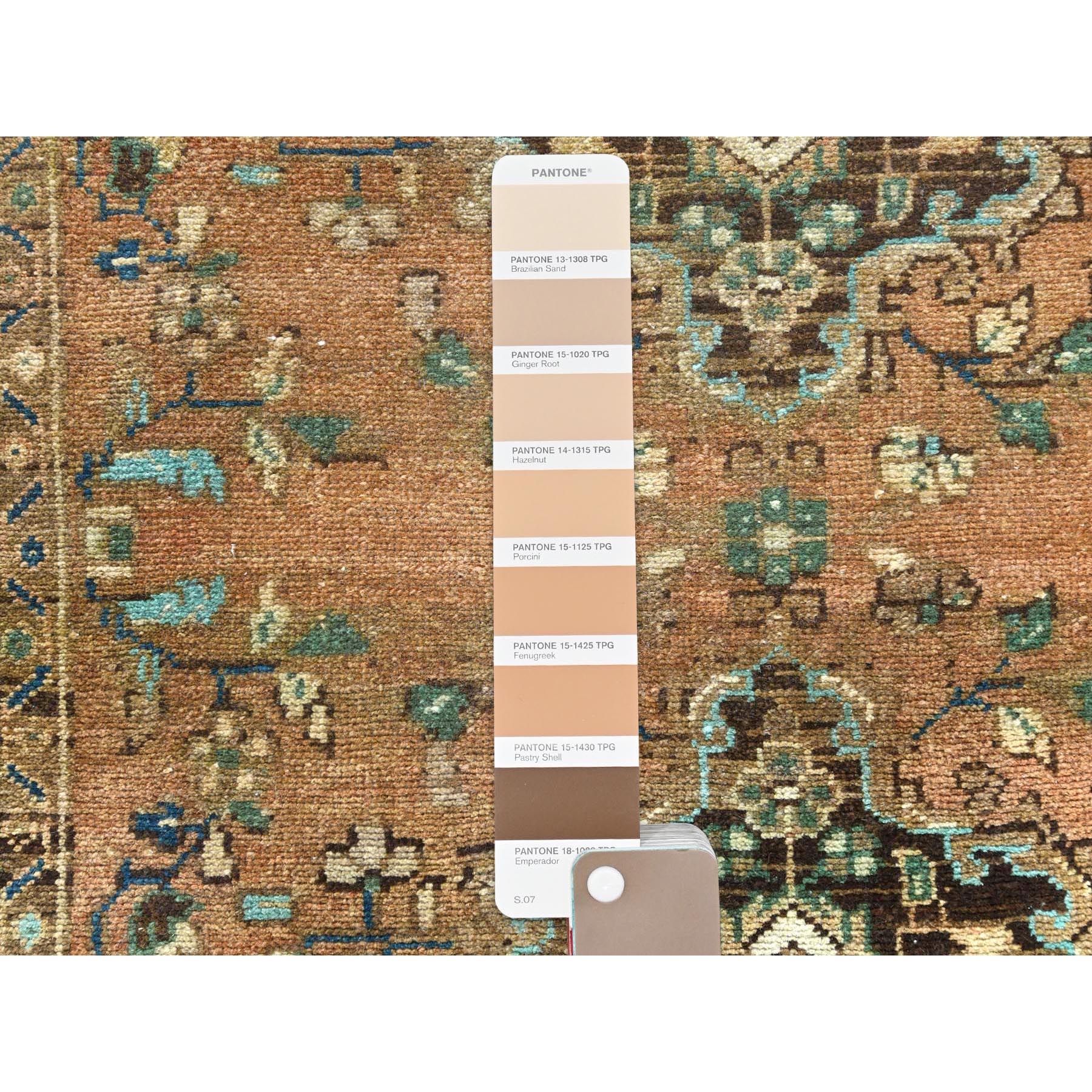 3'3"x9'8" Honey Brown with Touches of Green, Vintage Persian Hamadan, Hand Knotted, Pure Wool, Distressed Look, Worn Down Wide Runner Oriental Rug Sh81649