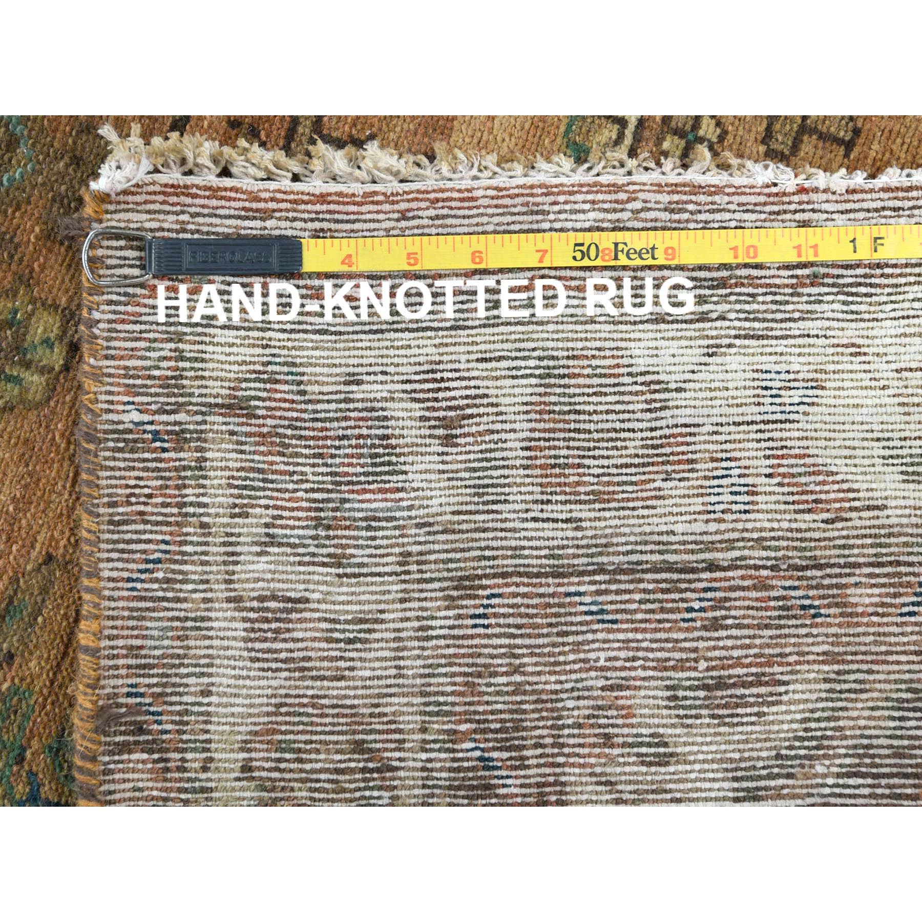 3'3"x9'8" Honey Brown with Touches of Green, Vintage Persian Hamadan, Hand Knotted, Pure Wool, Distressed Look, Worn Down Wide Runner Oriental Rug Sh81649