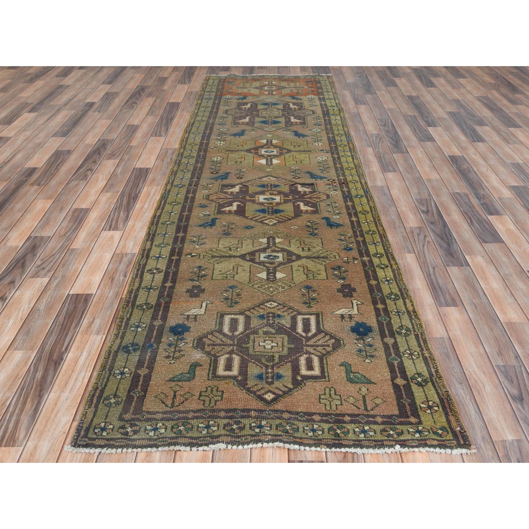 3'4"x10'3" Walnut Brown, Northwest Persian Wide Runner with Small Bird Figurines, Abrash, Hand Knotted, Pure Wool, Sheared Low, Distressed Look Oriental Rug Sh81657