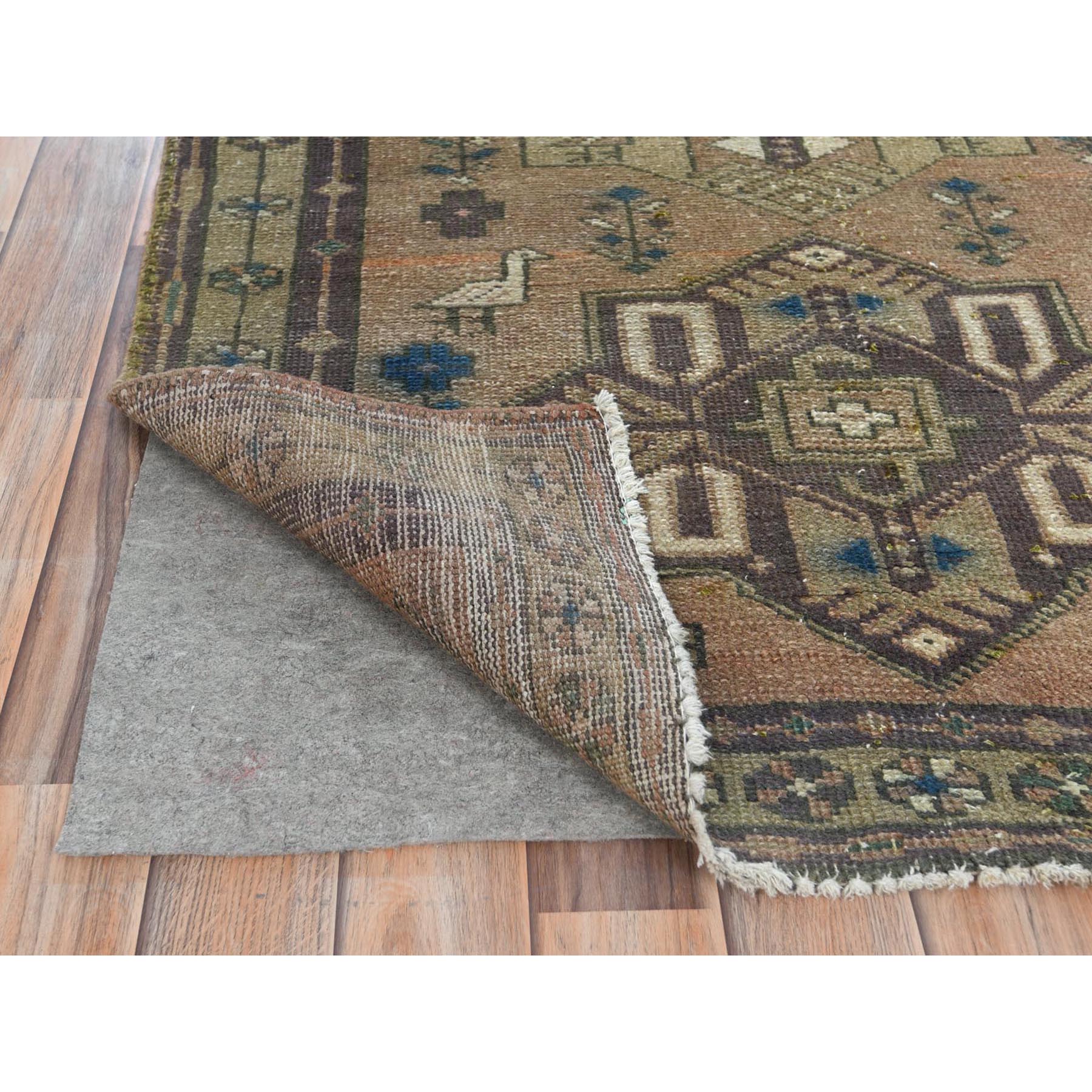 3'4"x10'3" Walnut Brown, Northwest Persian Wide Runner with Small Bird Figurines, Abrash, Hand Knotted, Pure Wool, Sheared Low, Distressed Look Oriental Rug Sh81657