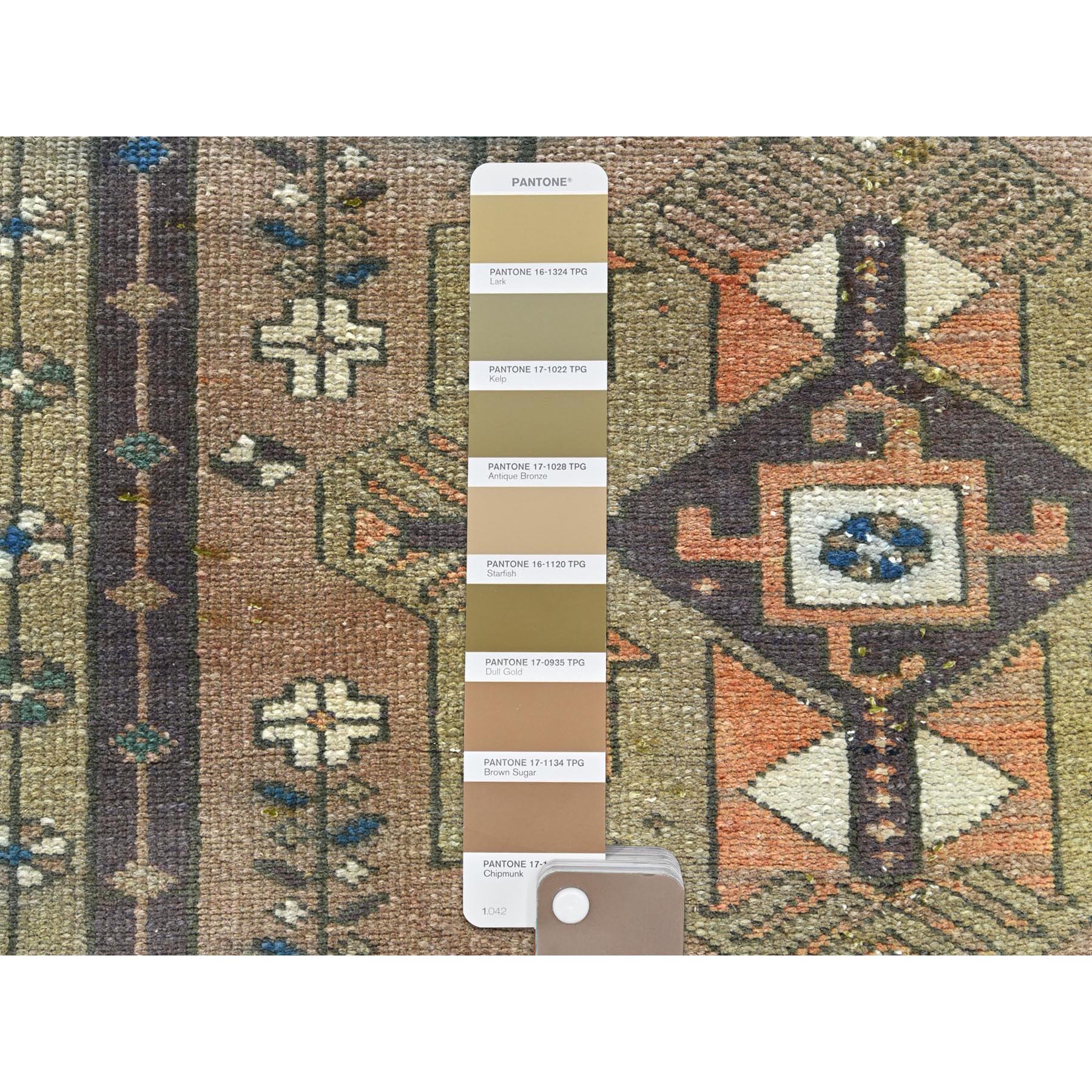 3'4"x10'3" Walnut Brown, Northwest Persian Wide Runner with Small Bird Figurines, Abrash, Hand Knotted, Pure Wool, Sheared Low, Distressed Look Oriental Rug Sh81657