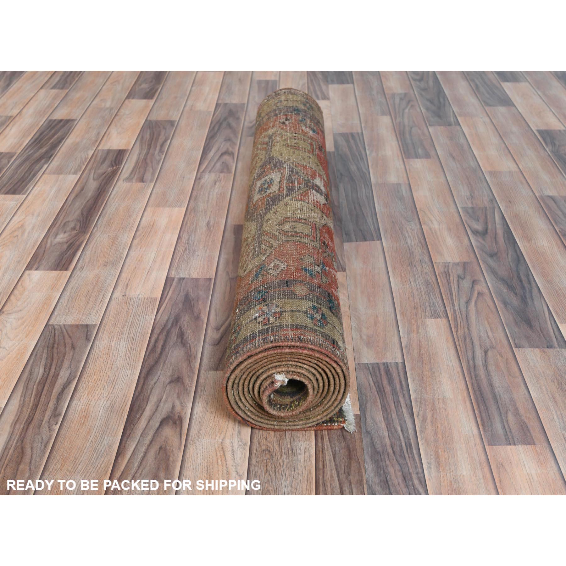 3'4"x10'3" Walnut Brown, Northwest Persian Wide Runner with Small Bird Figurines, Abrash, Hand Knotted, Pure Wool, Sheared Low, Distressed Look Oriental Rug Sh81657