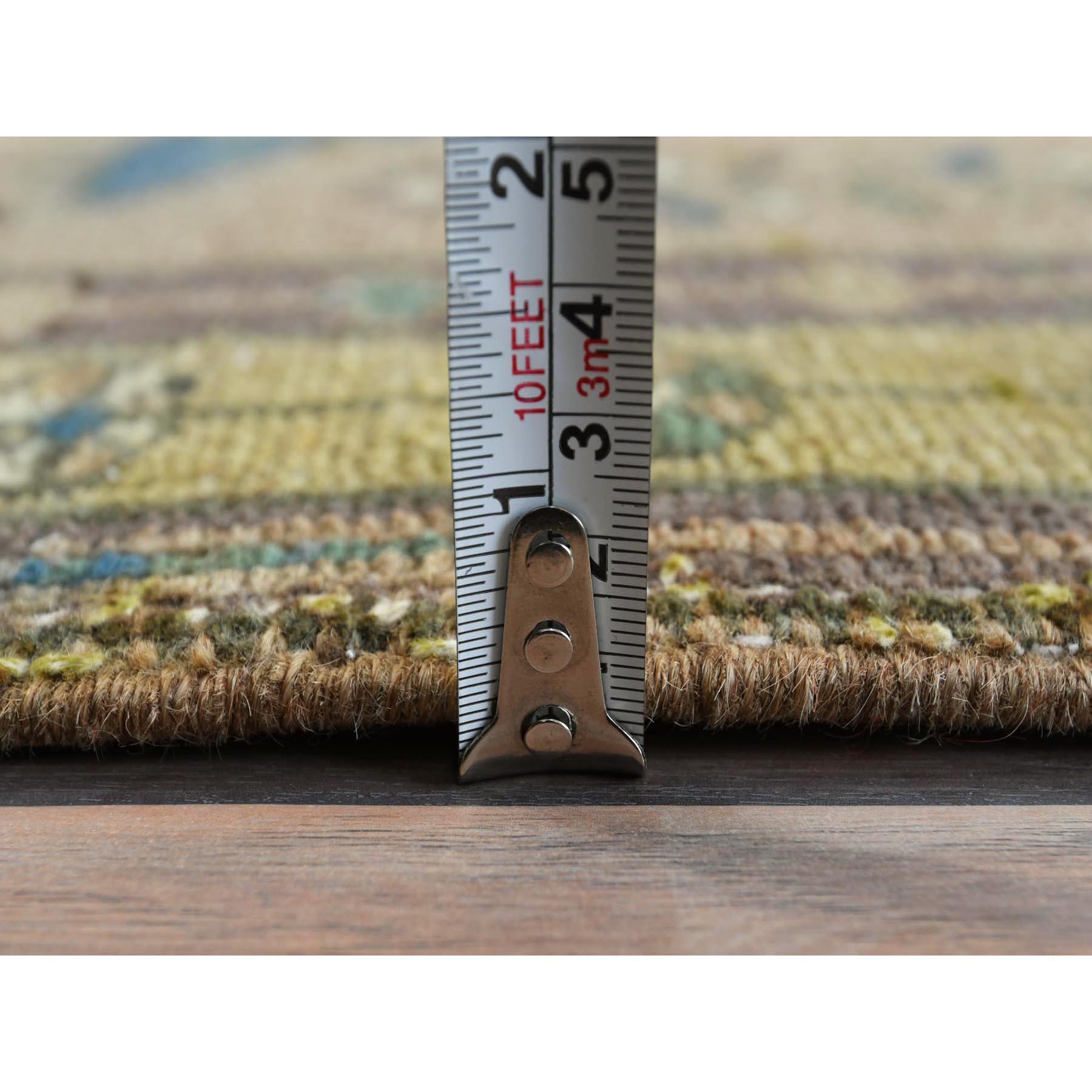 3'4"x10'3" Walnut Brown, Northwest Persian Wide Runner with Small Bird Figurines, Abrash, Hand Knotted, Pure Wool, Sheared Low, Distressed Look Oriental Rug Sh81657