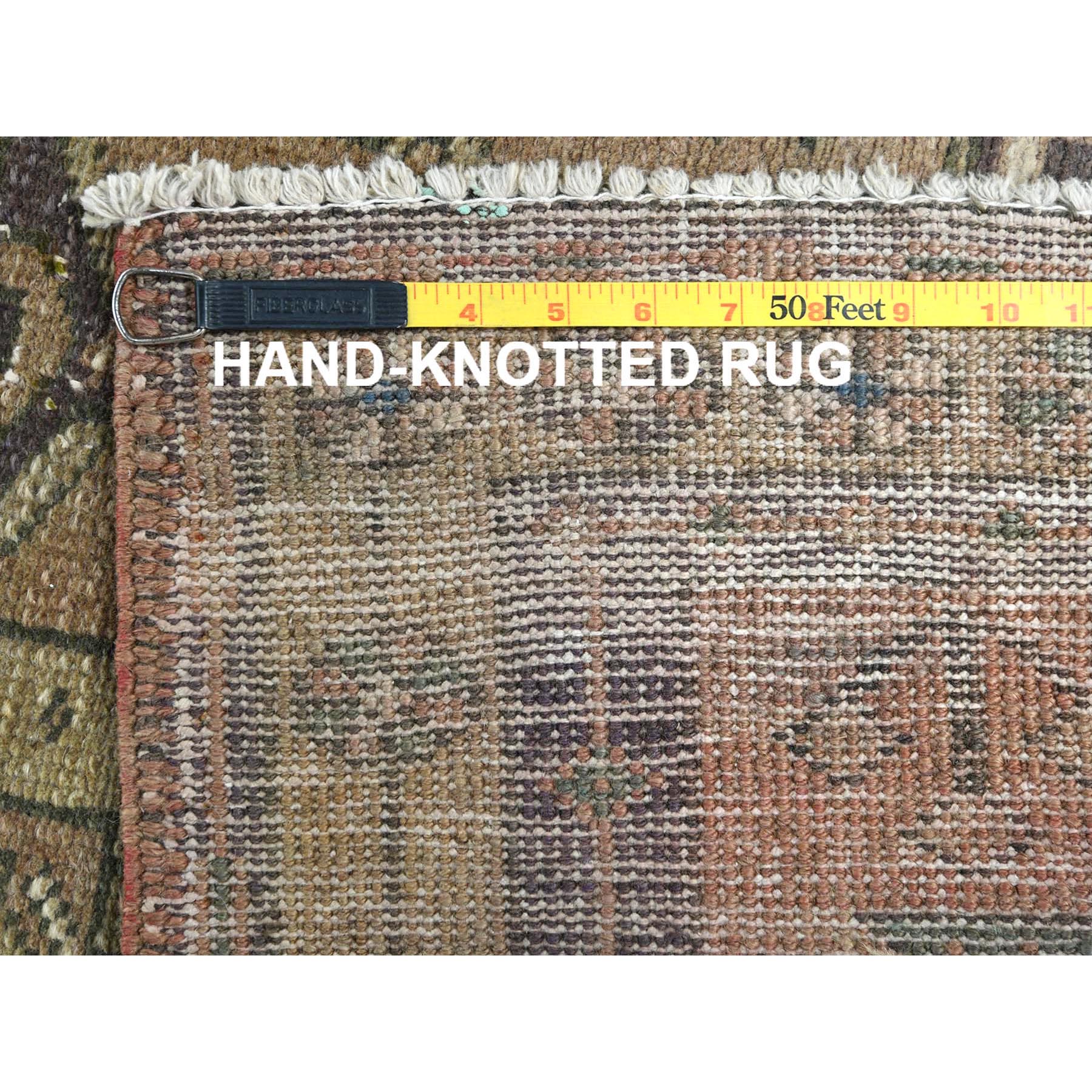 3'4"x10'3" Walnut Brown, Northwest Persian Wide Runner with Small Bird Figurines, Abrash, Hand Knotted, Pure Wool, Sheared Low, Distressed Look Oriental Rug Sh81657