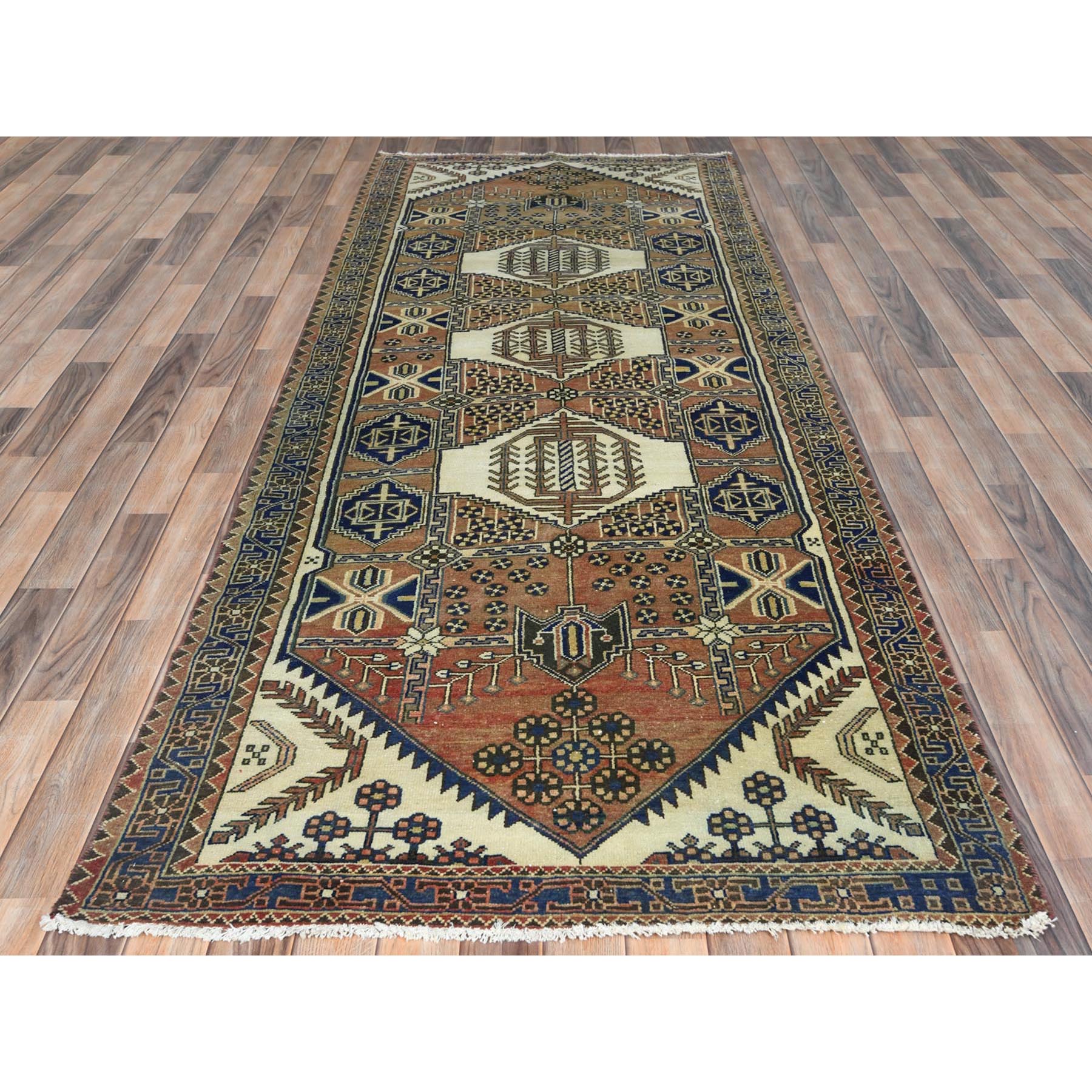 4'x10' Mocha Brown with a Mix of Red Vintage Persian Heriz, Hand Knotted, Abrash, Distressed Look, Cropped Thin, Pure Wool Wide Runner Oriental Rug Sh81659