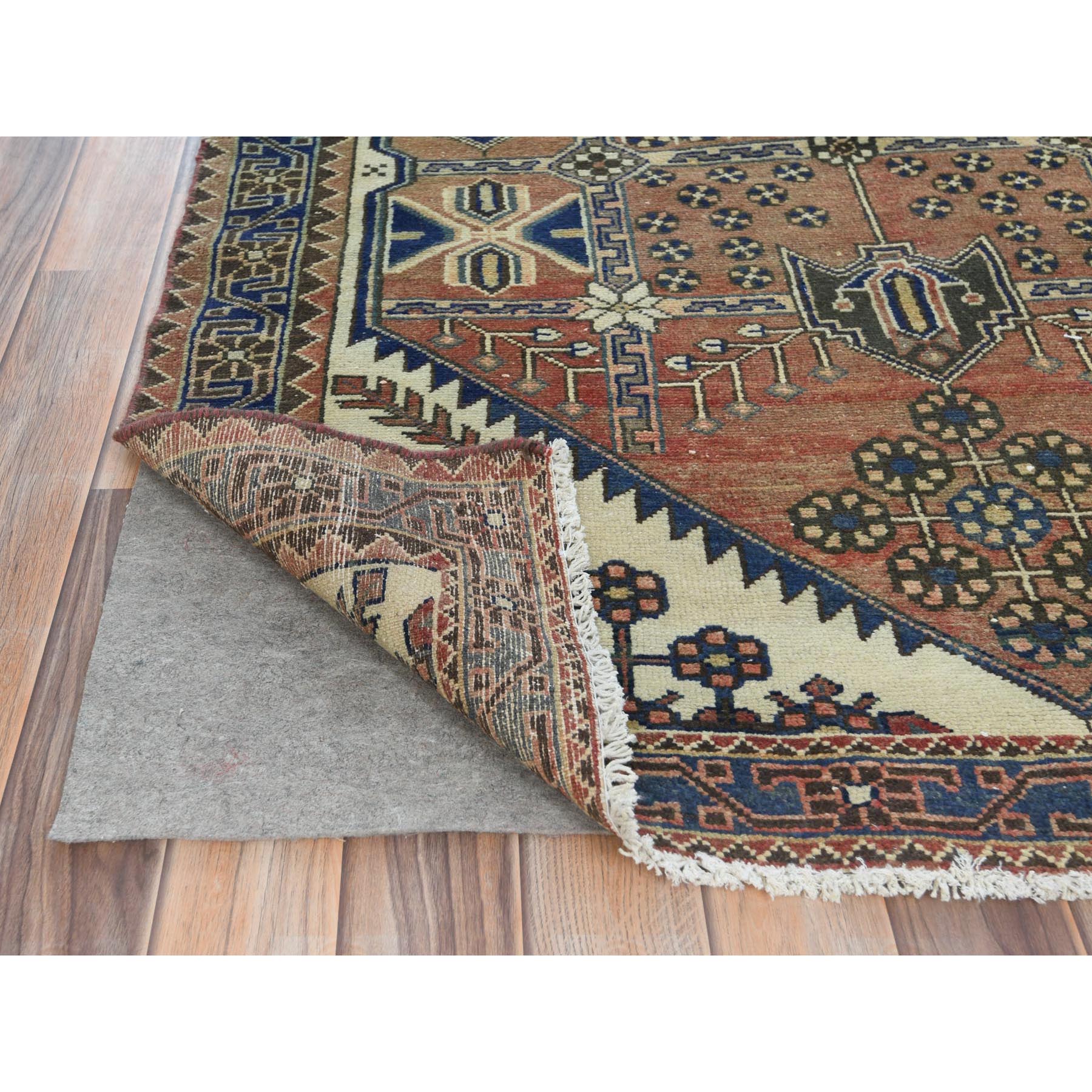 4'x10' Mocha Brown with a Mix of Red Vintage Persian Heriz, Hand Knotted, Abrash, Distressed Look, Cropped Thin, Pure Wool Wide Runner Oriental Rug Sh81659