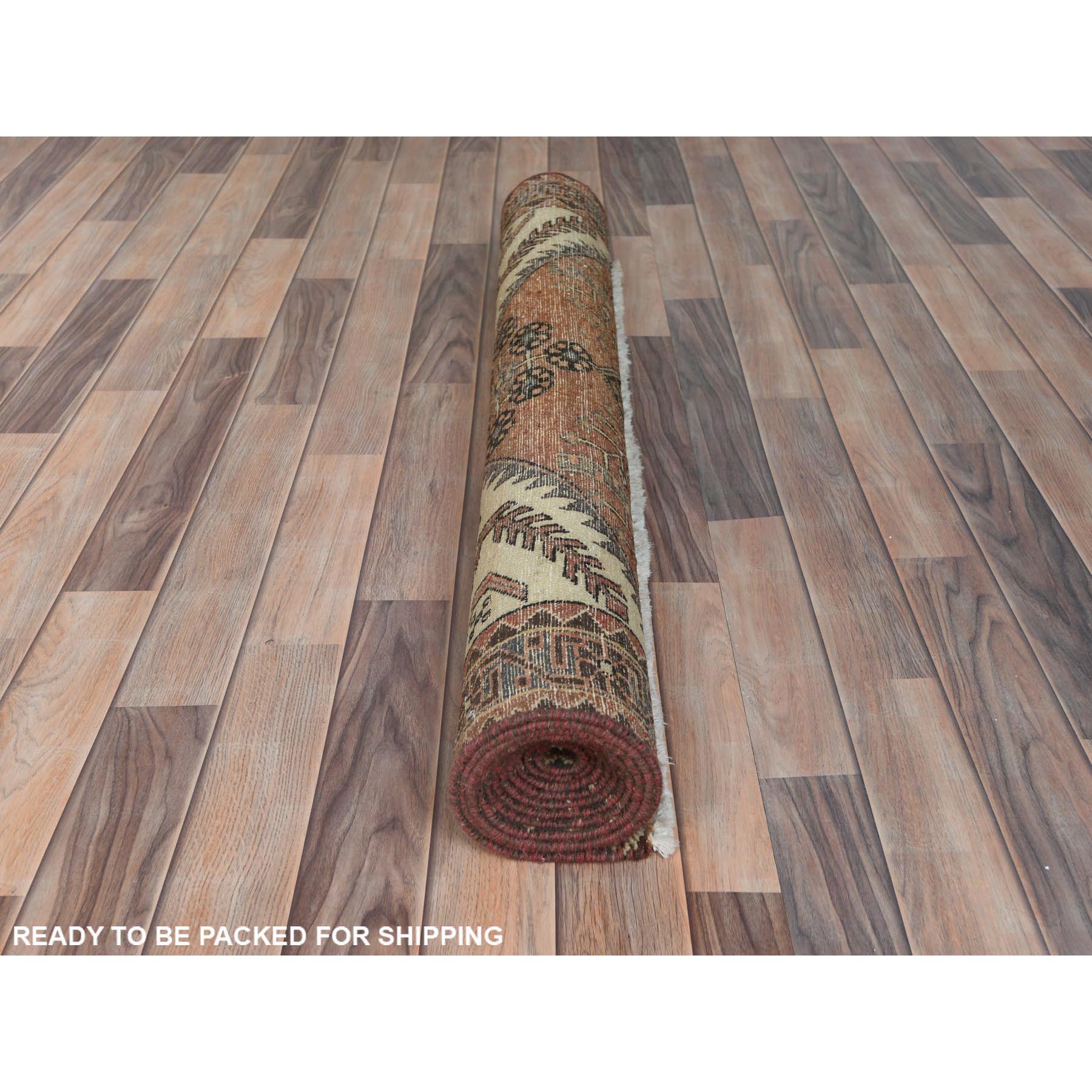 4'x10' Mocha Brown with a Mix of Red Vintage Persian Heriz, Hand Knotted, Abrash, Distressed Look, Cropped Thin, Pure Wool Wide Runner Oriental Rug Sh81659