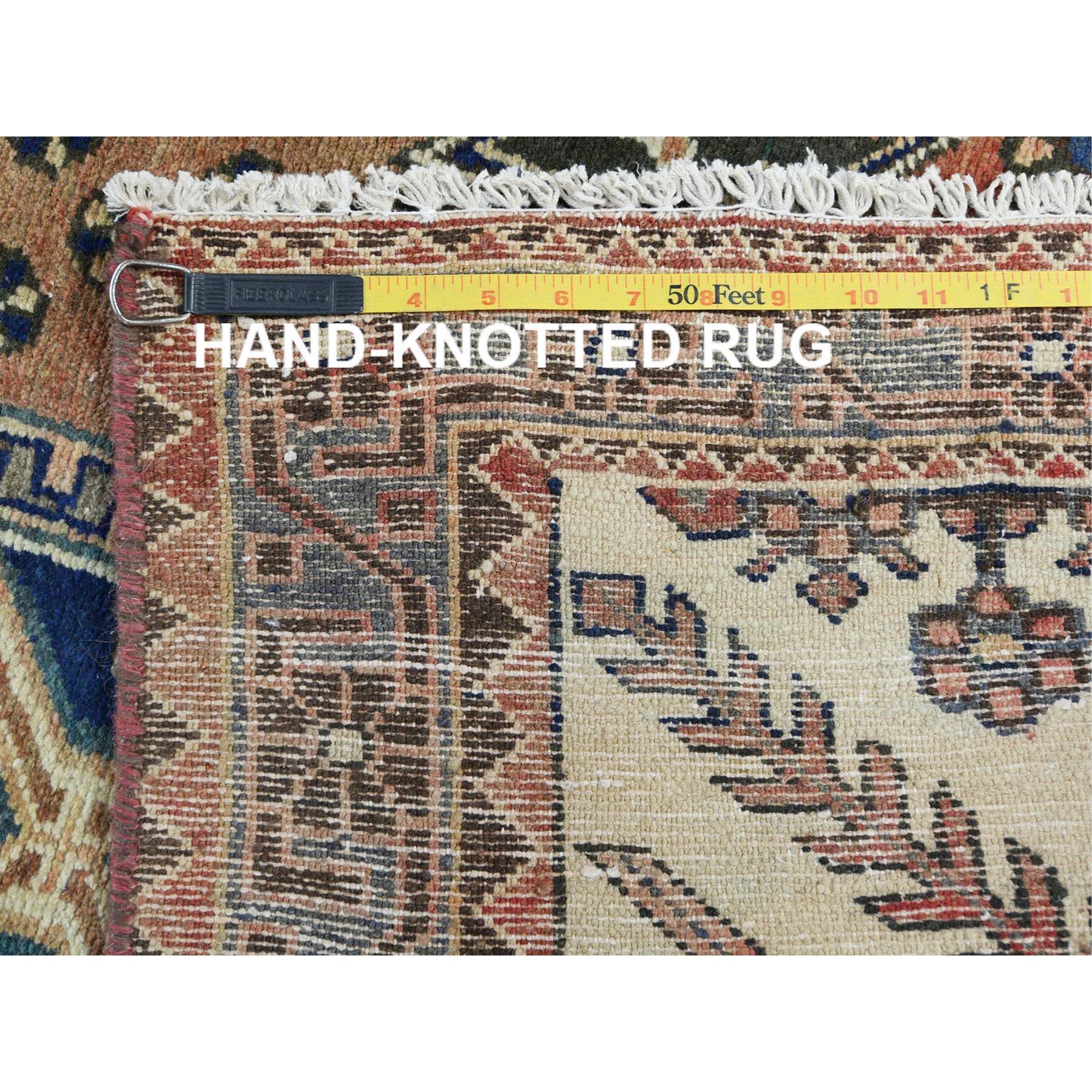 4'x10' Mocha Brown with a Mix of Red Vintage Persian Heriz, Hand Knotted, Abrash, Distressed Look, Cropped Thin, Pure Wool Wide Runner Oriental Rug Sh81659