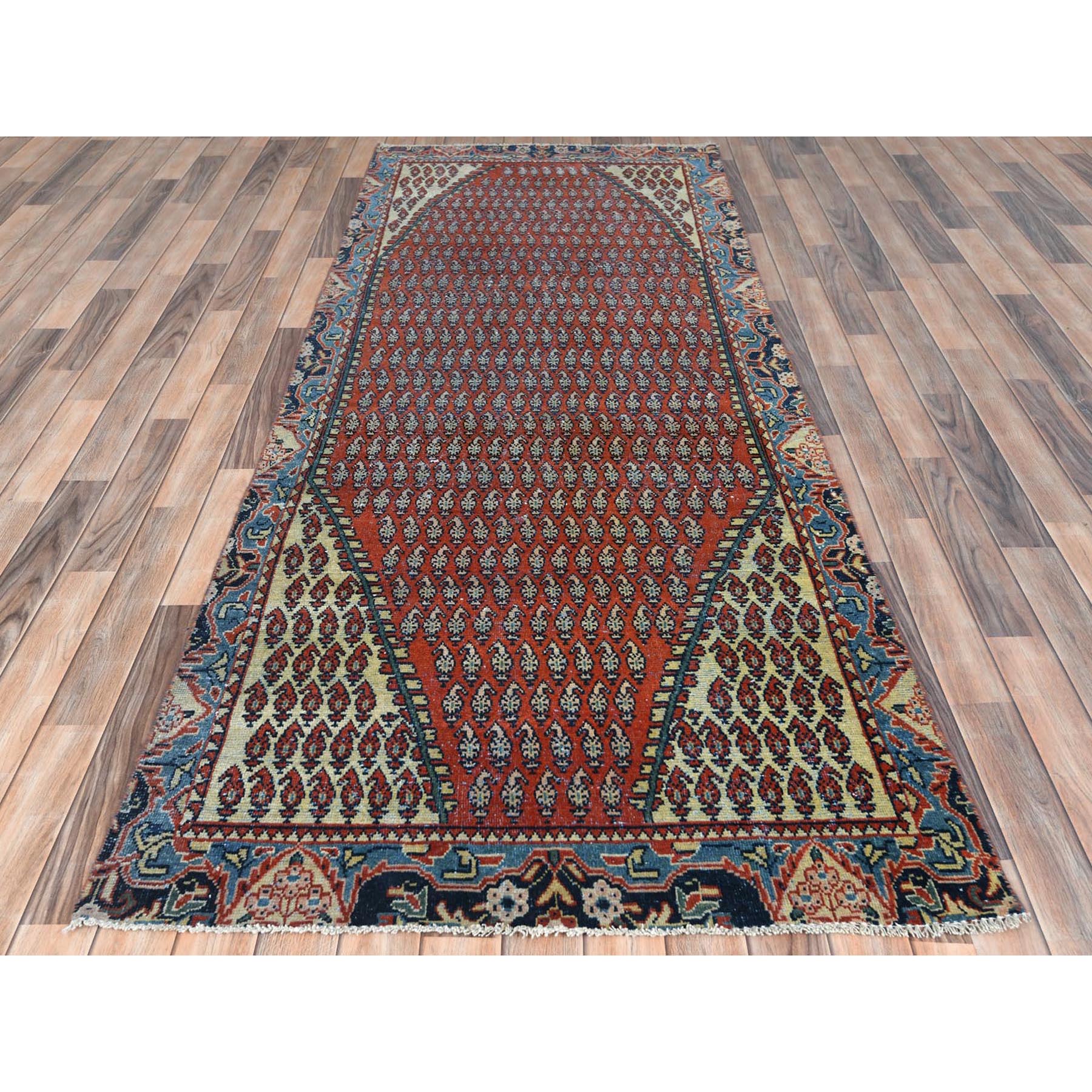 3'7"x9'3" Tomato Red, Pure Wool, Vintage Persian Serab with Small Repetitive Boteh Design, Hand Knotted, Worn Down, Distressed Look, Wide Runner Oriental Rug Sh81661