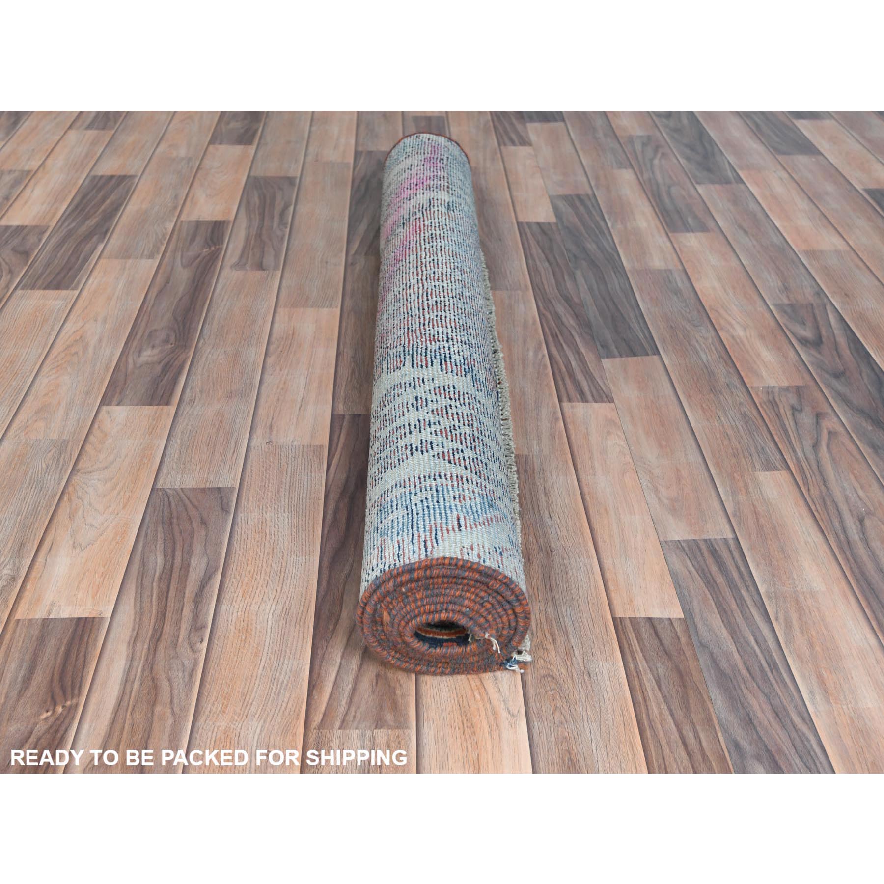 3'7"x9'3" Tomato Red, Pure Wool, Vintage Persian Serab with Small Repetitive Boteh Design, Hand Knotted, Worn Down, Distressed Look, Wide Runner Oriental Rug Sh81661