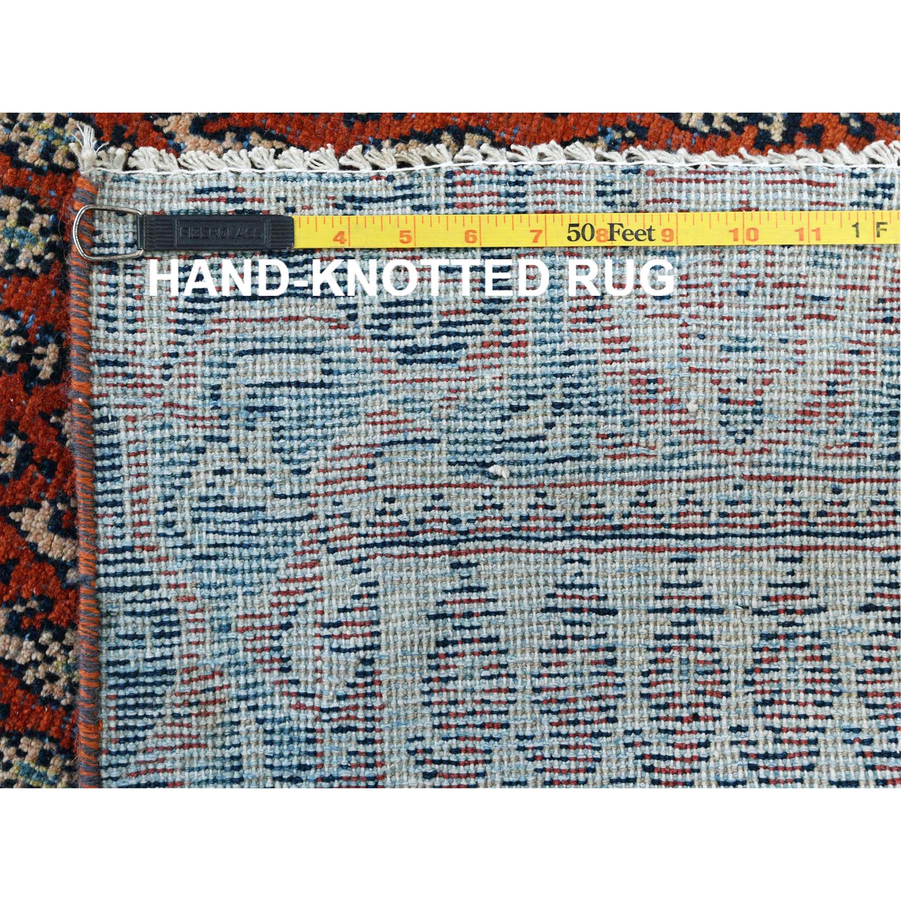 3'7"x9'3" Tomato Red, Pure Wool, Vintage Persian Serab with Small Repetitive Boteh Design, Hand Knotted, Worn Down, Distressed Look, Wide Runner Oriental Rug Sh81661