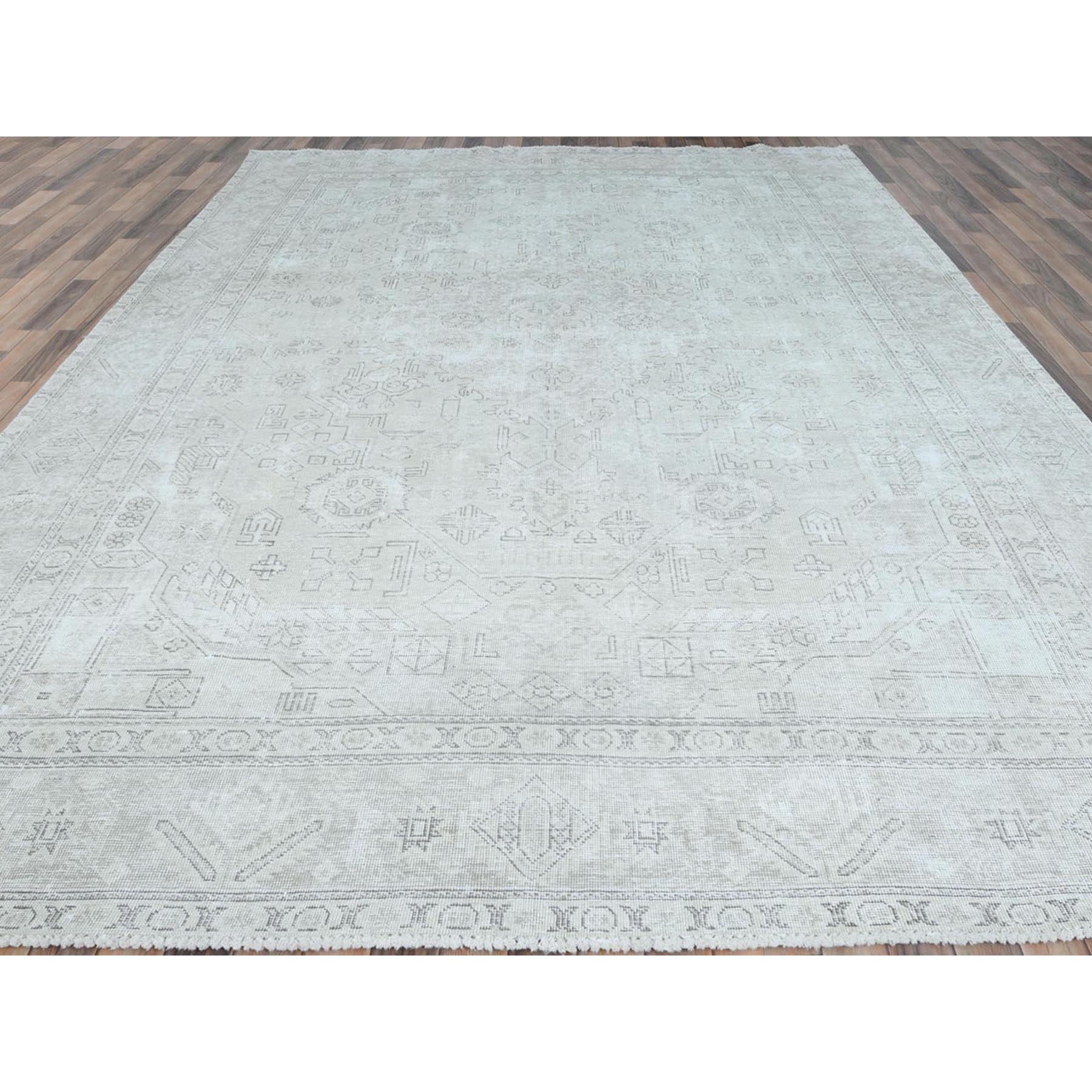9'6"x12'7" Ivory, Vintage Persian Tabriz Cropped Thin Distressed Look, Shabby Chic Worn Wool Hand Knotted, Oriental Rug Sh81678
