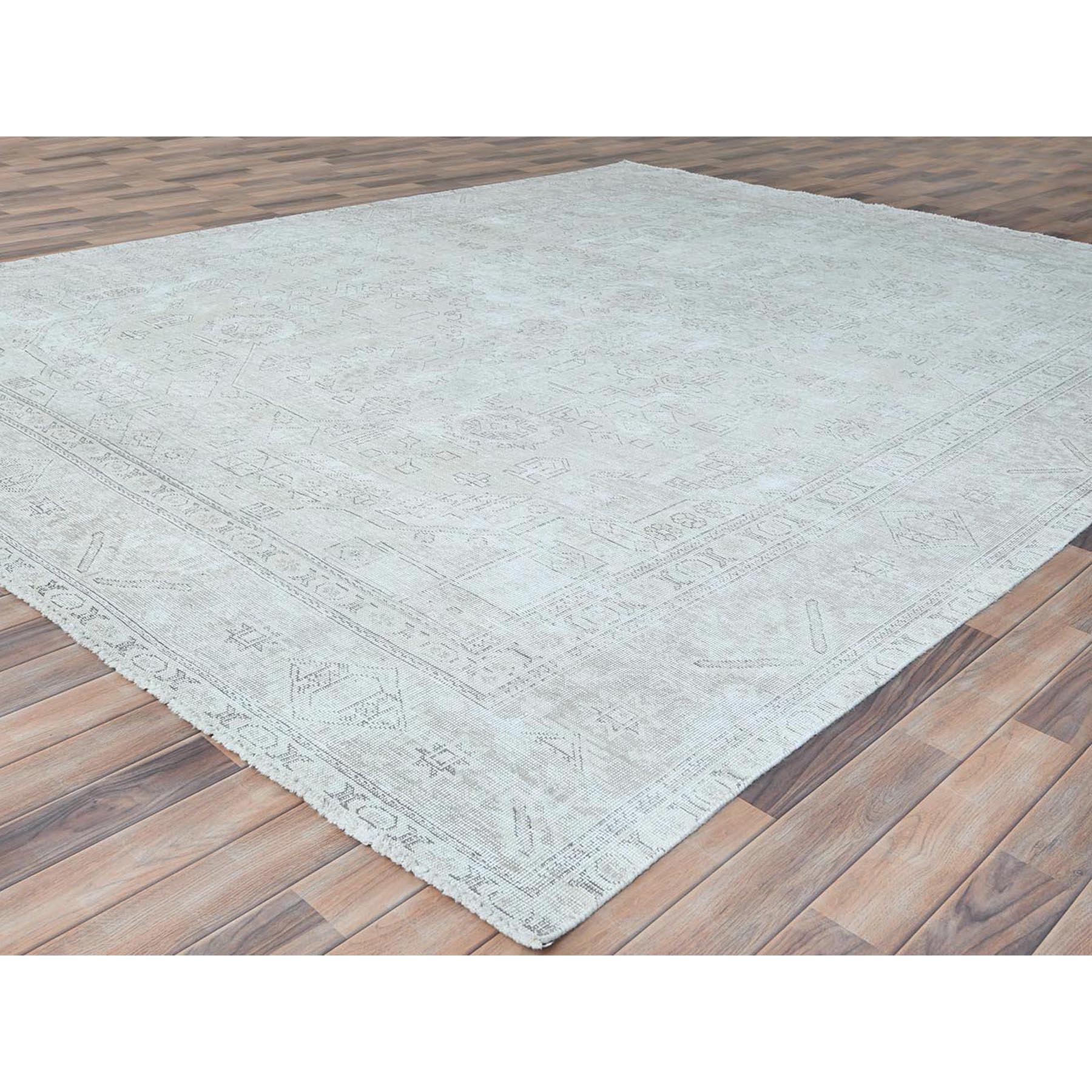 9'6"x12'7" Ivory, Vintage Persian Tabriz Cropped Thin Distressed Look, Shabby Chic Worn Wool Hand Knotted, Oriental Rug Sh81678