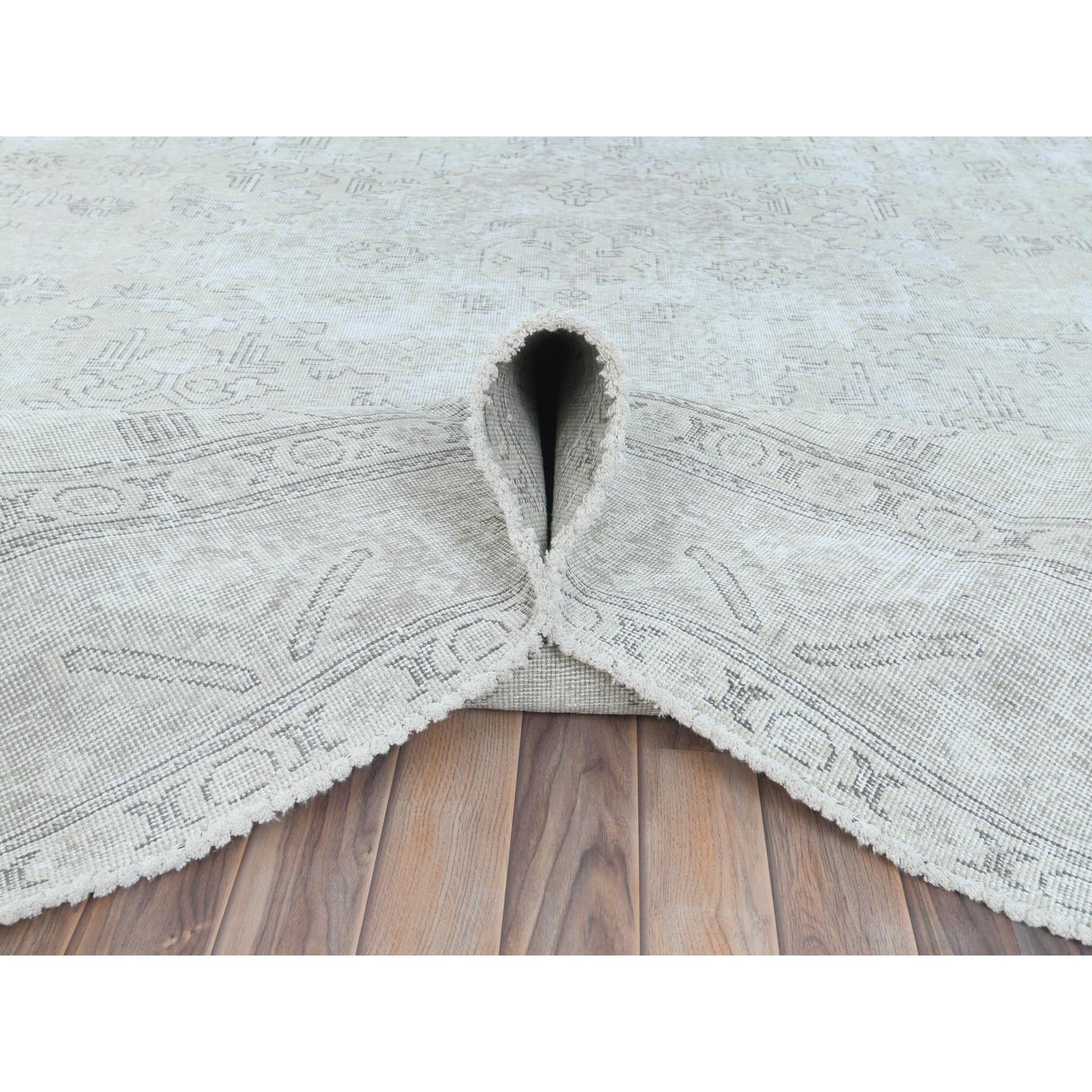 9'6"x12'7" Ivory, Vintage Persian Tabriz Cropped Thin Distressed Look, Shabby Chic Worn Wool Hand Knotted, Oriental Rug Sh81678