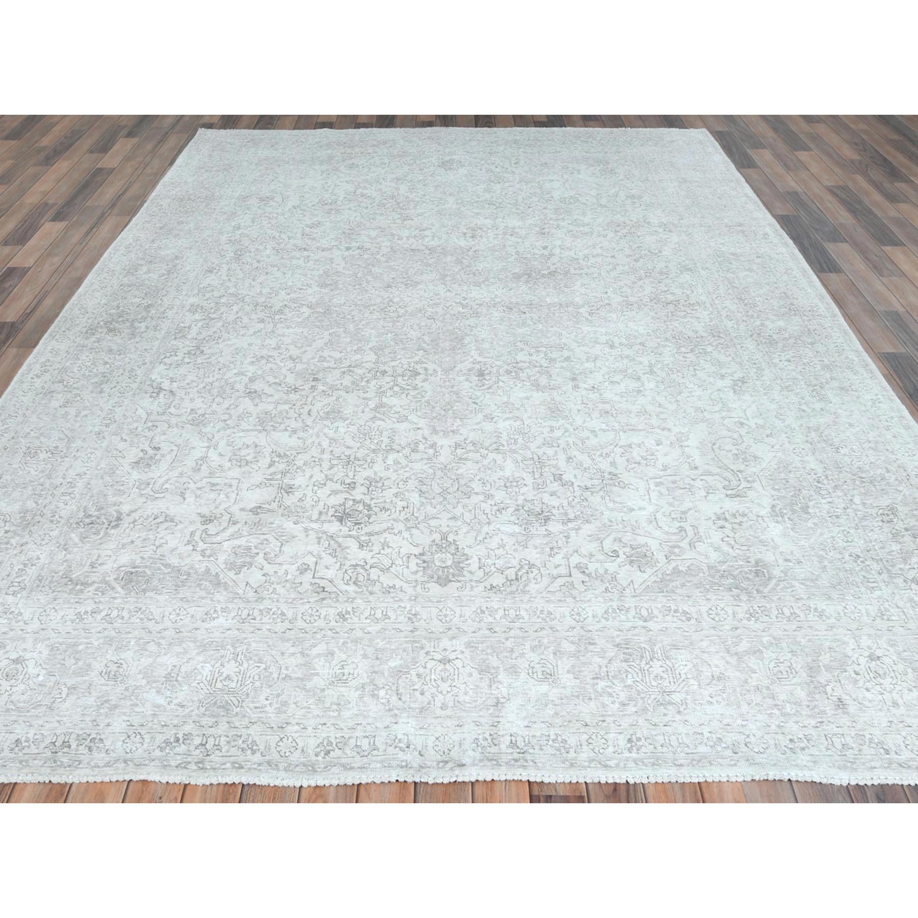 8'1"x11'2" Ivory, Worn Wool Hand Knotted Vintage Persian Tabriz, Cropped Thin Distressed Look Shabby Chic, Oriental Rug Sh81686