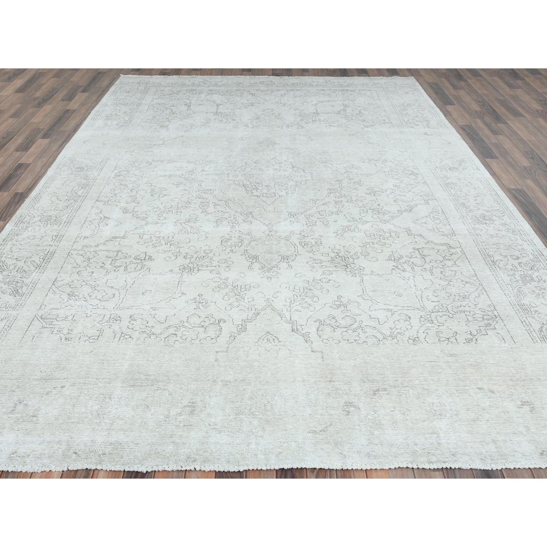 9'3"x13' Ivory, Vintage Persian Tabriz Cropped Thin Distressed Look, Shabby Chic Worn Wool Hand Knotted, Oriental Rug Sh81688