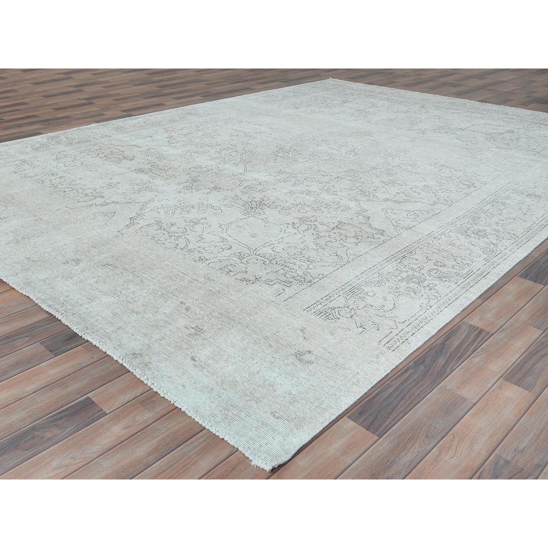 9'3"x13' Ivory, Vintage Persian Tabriz Cropped Thin Distressed Look, Shabby Chic Worn Wool Hand Knotted, Oriental Rug Sh81688