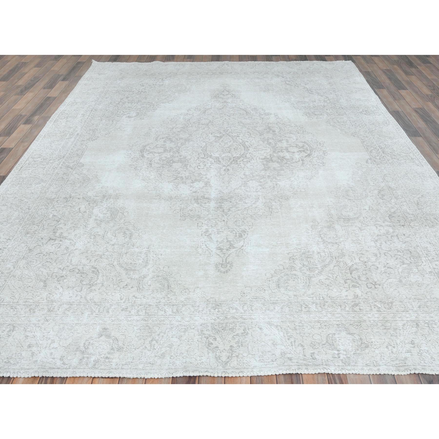 8'10"x12'4" Ivory, Hand Knotted Vintage Persian Tabriz Sheared Low, Distressed Look Shabby Chic Worn Wool, Oriental Rug Sh81689
