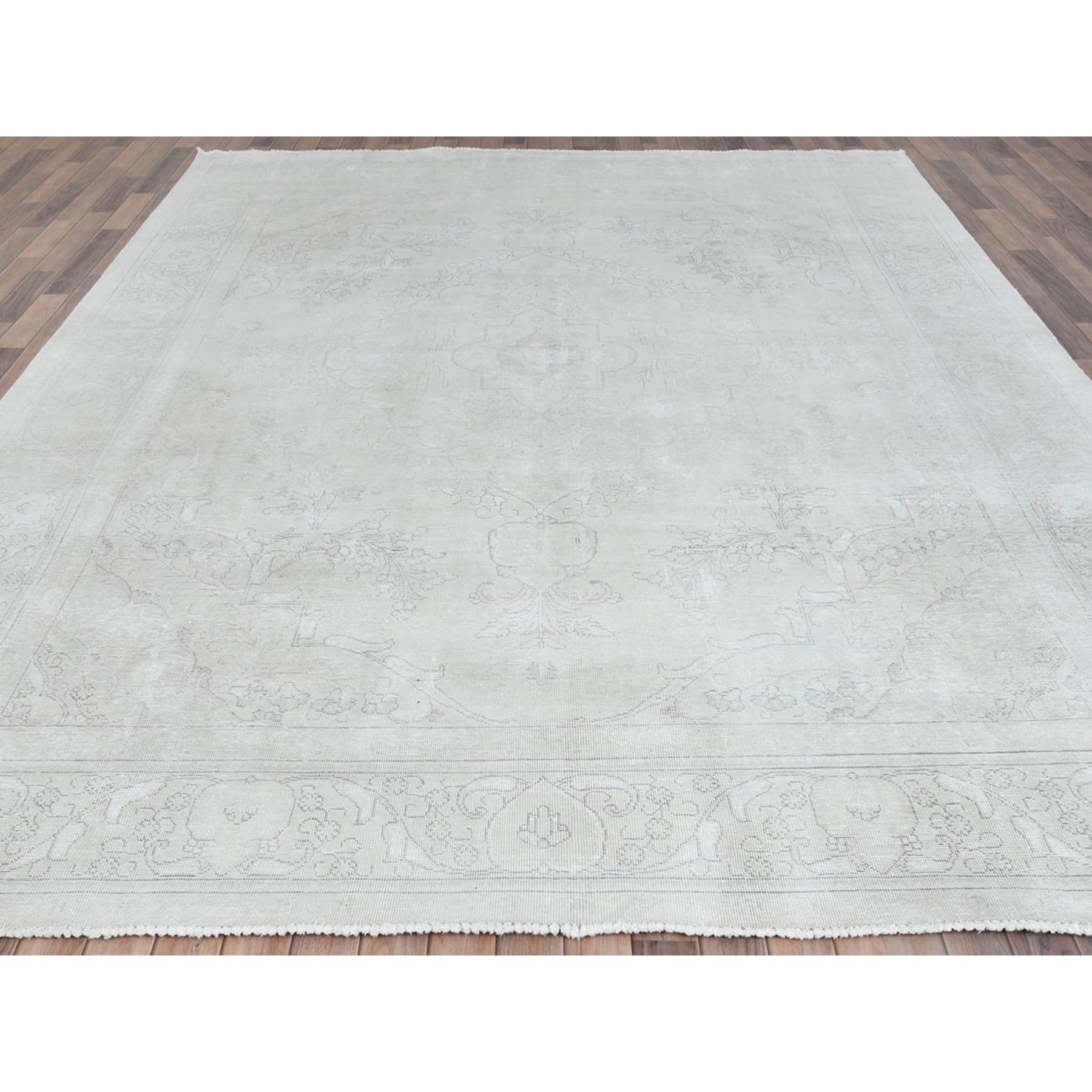 9'5"x12'6" Ivory, Shabby Chic Worn Wool Hand Knotted, Vintage Persian Tabriz Sheared Low Distressed Look, Oriental Rug Sh81691