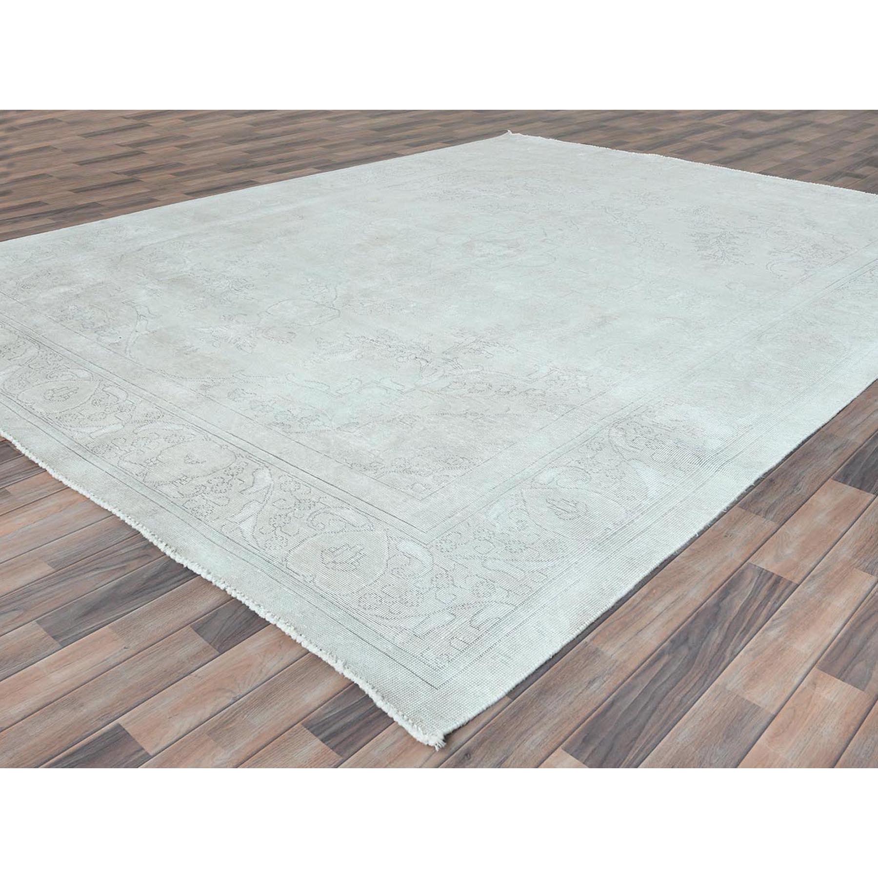 9'5"x12'6" Ivory, Shabby Chic Worn Wool Hand Knotted, Vintage Persian Tabriz Sheared Low Distressed Look, Oriental Rug Sh81691